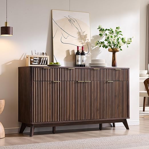 60" Fluted Buffet Sideboard Cabinet with 3 Drawers and 4 Doors