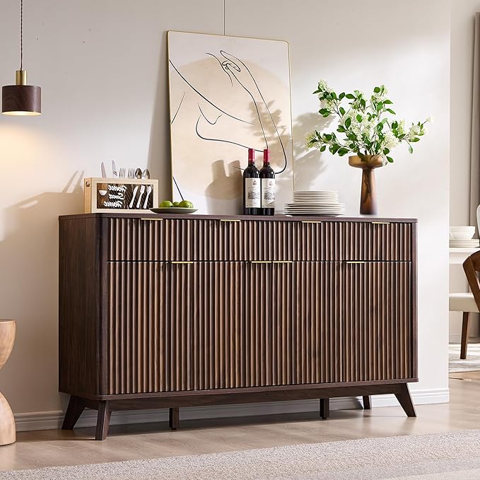60" Fluted Buffet Sideboard Cabinet with 3 Drawers and 4 Doors