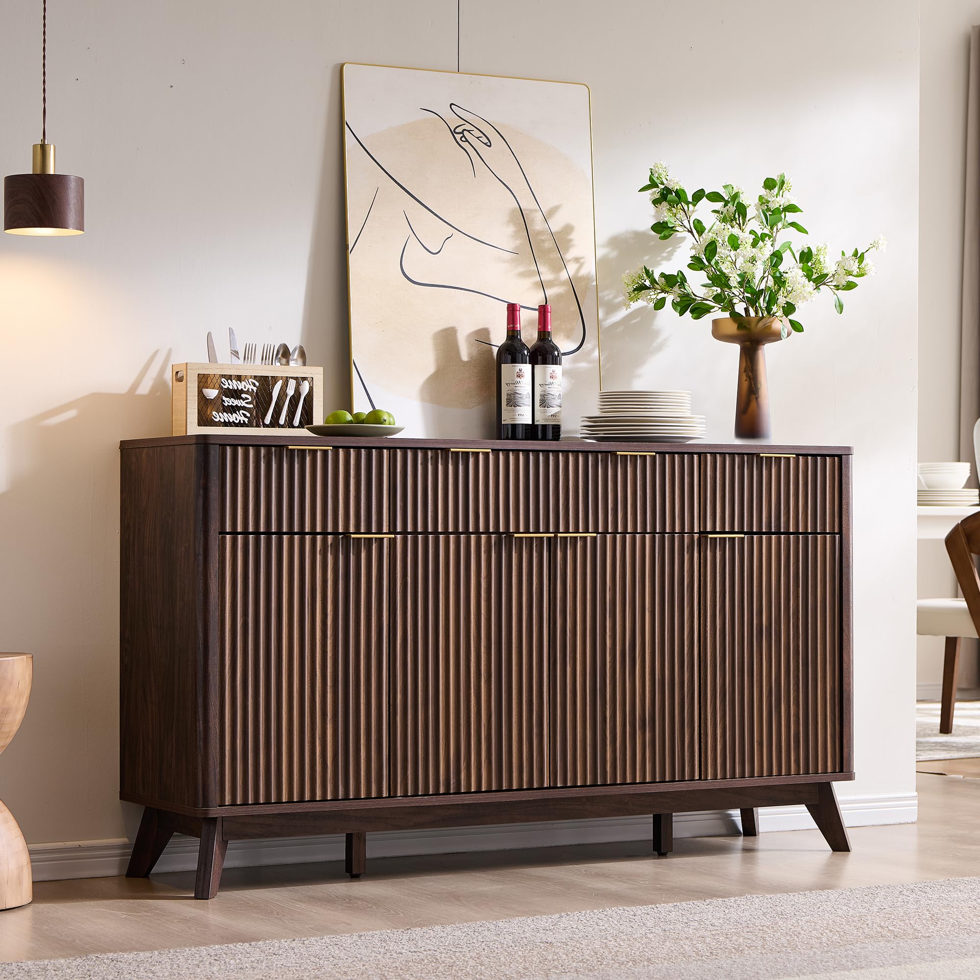 60" Fluted Buffet Sideboard Cabinet with 3 Drawers and 4 Doors