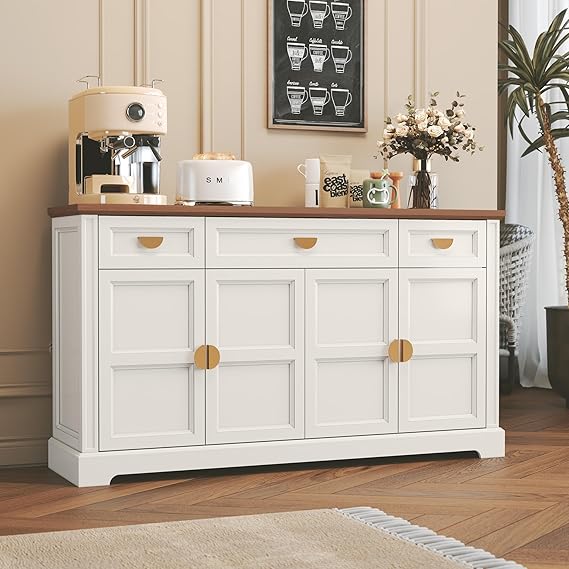 60" Shaker Buffet Sideboard Cabinet with 4 Doors and 3 Drawers