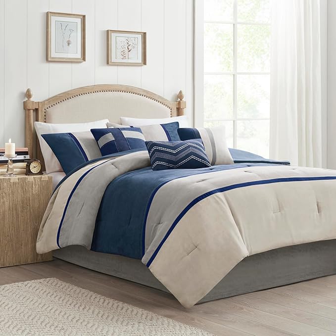 King Micro-Suede Comforter Set - Blue 7 Piece