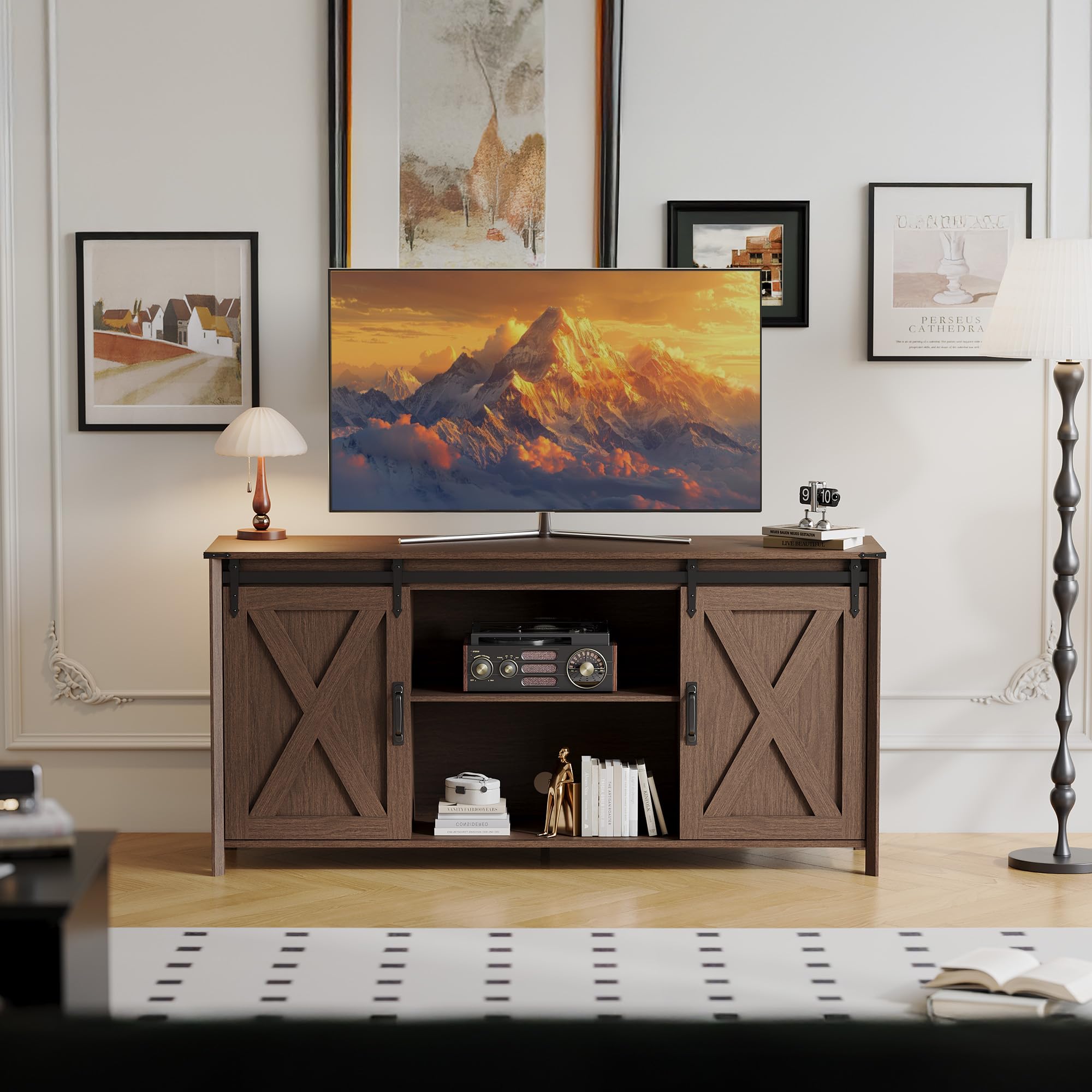 Farmhouse TV Stand with Power Outlet and Sliding Barn Doors