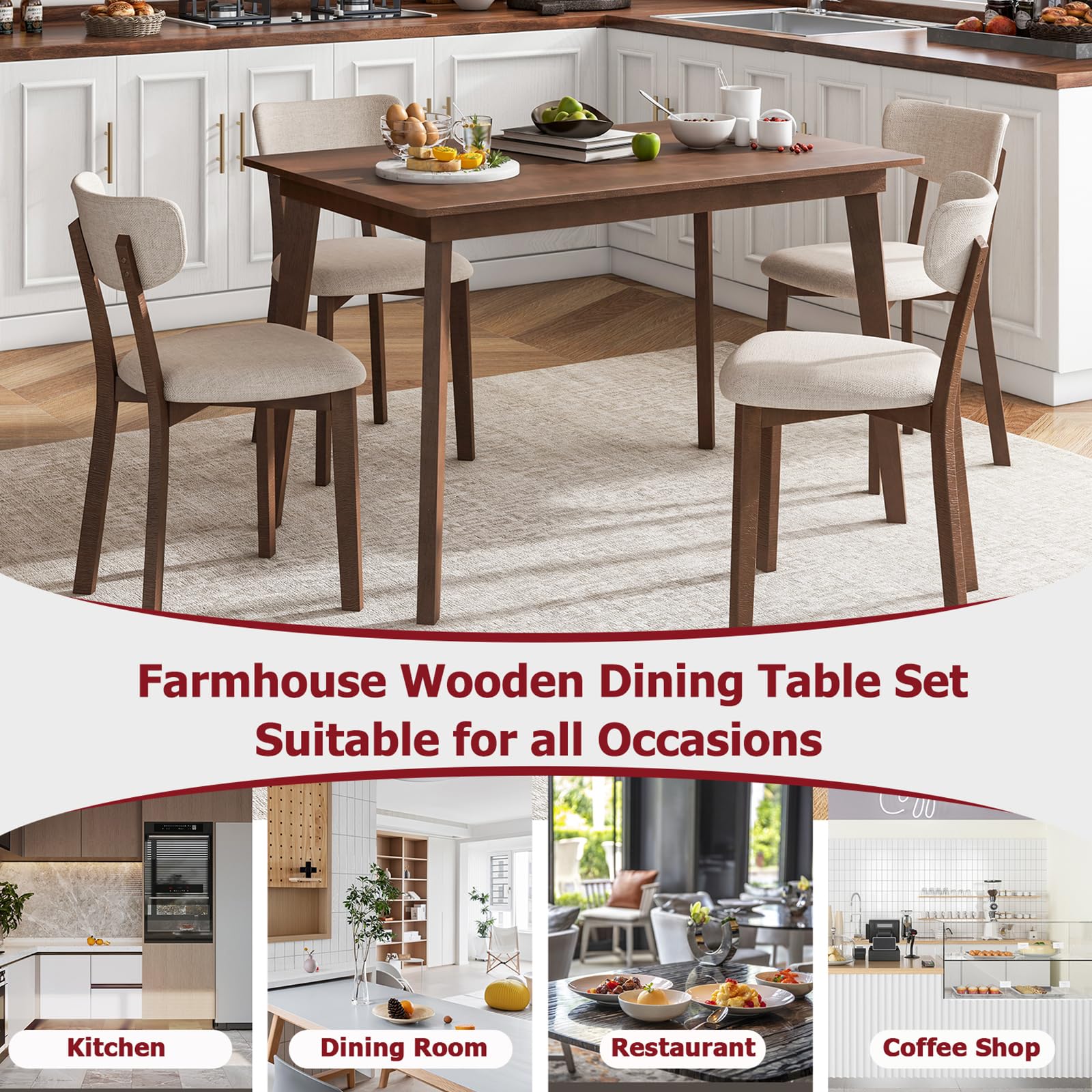 5-Piece Dining Table Set for 4 with Padded Chairs