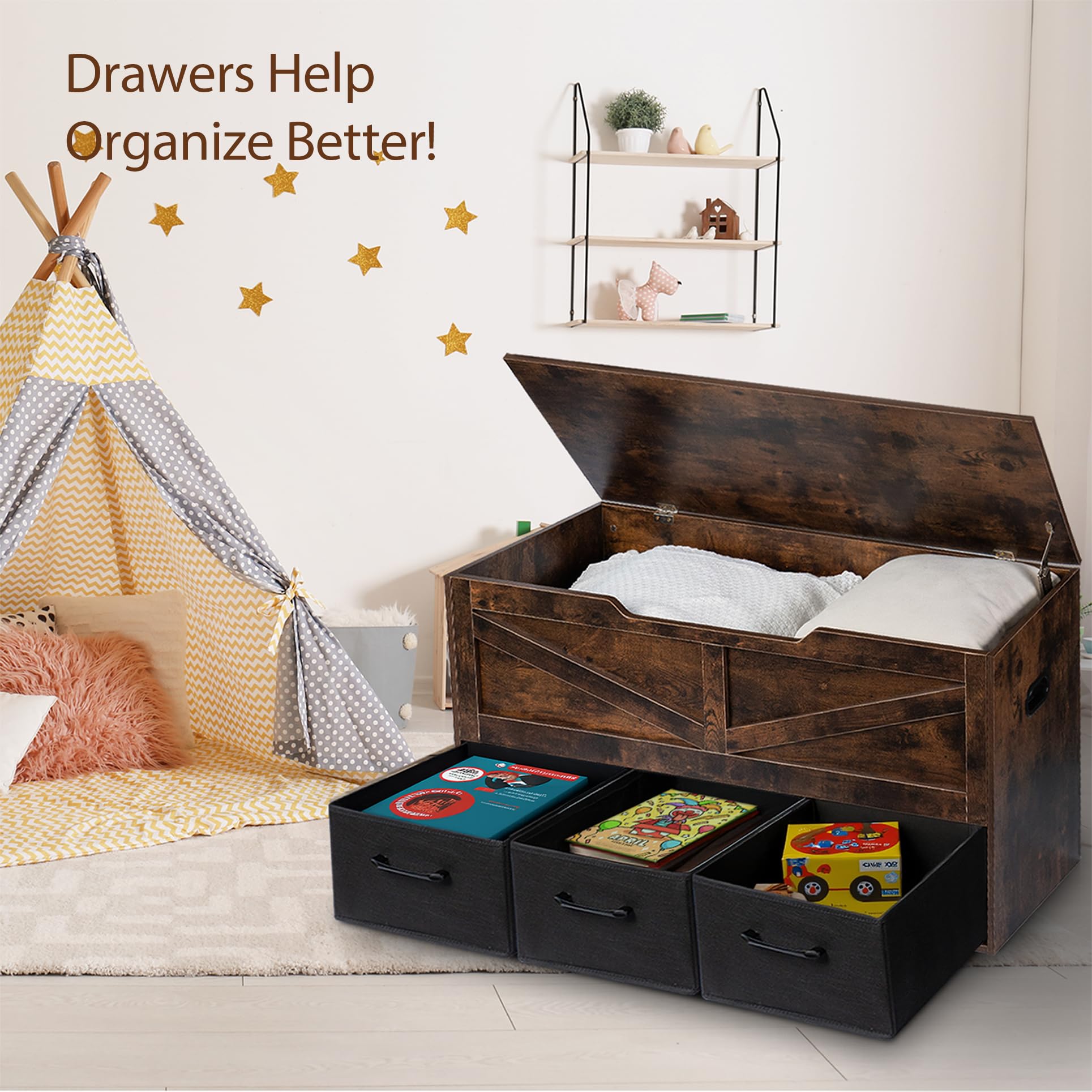 Storage Bench with 3 Drawers and Safety Hinges