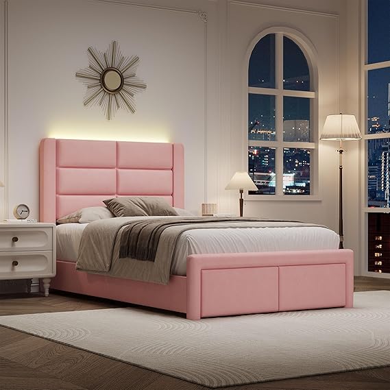 Queen Upholstered Bed Frame with Headboard and LED Lights, Modern Faux Leather Bed Frame with Wooden Slats Support and Heavy Duty Mattress Foundation, No Box Spring Needed, Easy Assembly, Pink