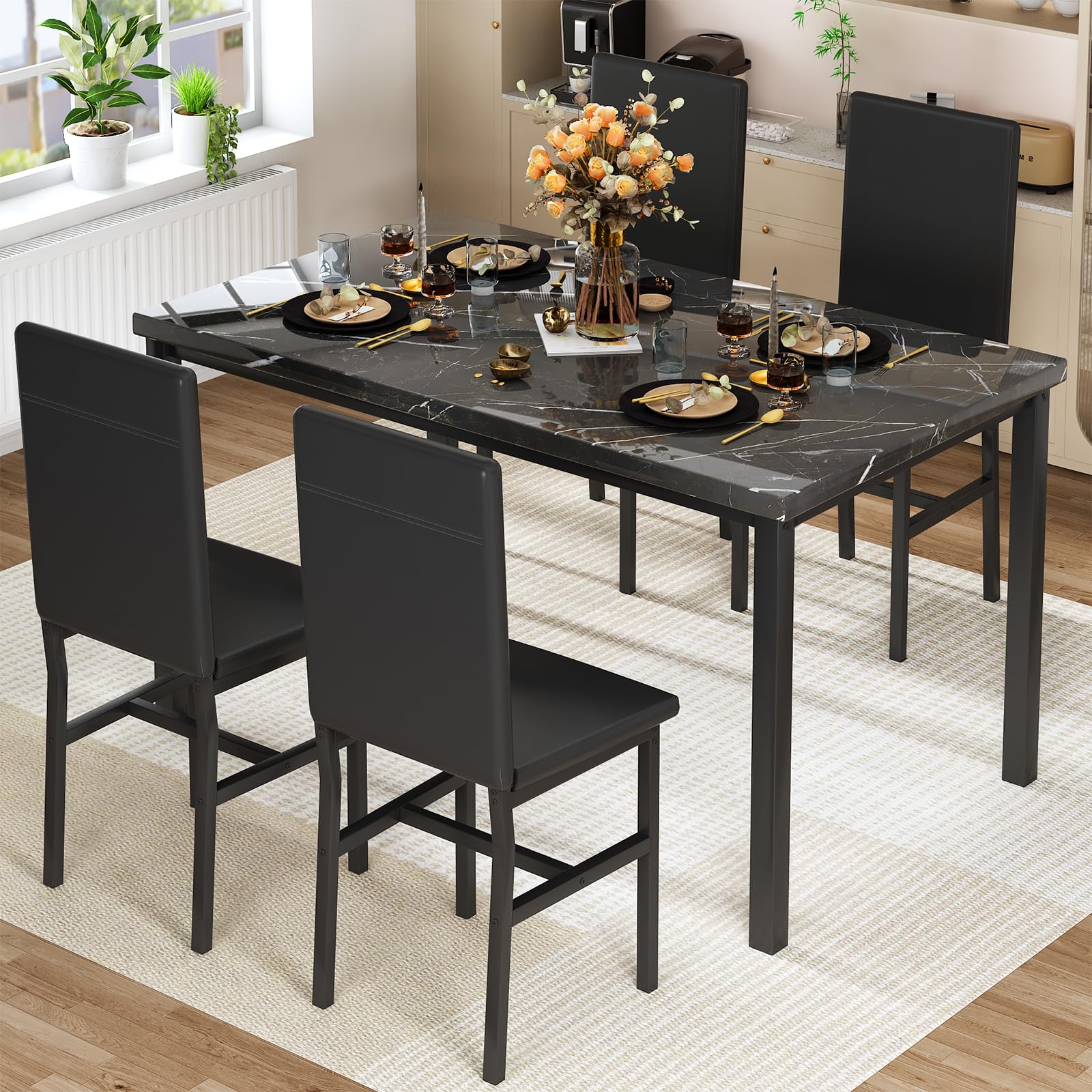 5-Piece Faux Marble Dining Table Set with 4 Chairs