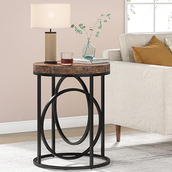 Round Industrial End Table with Metal Frame