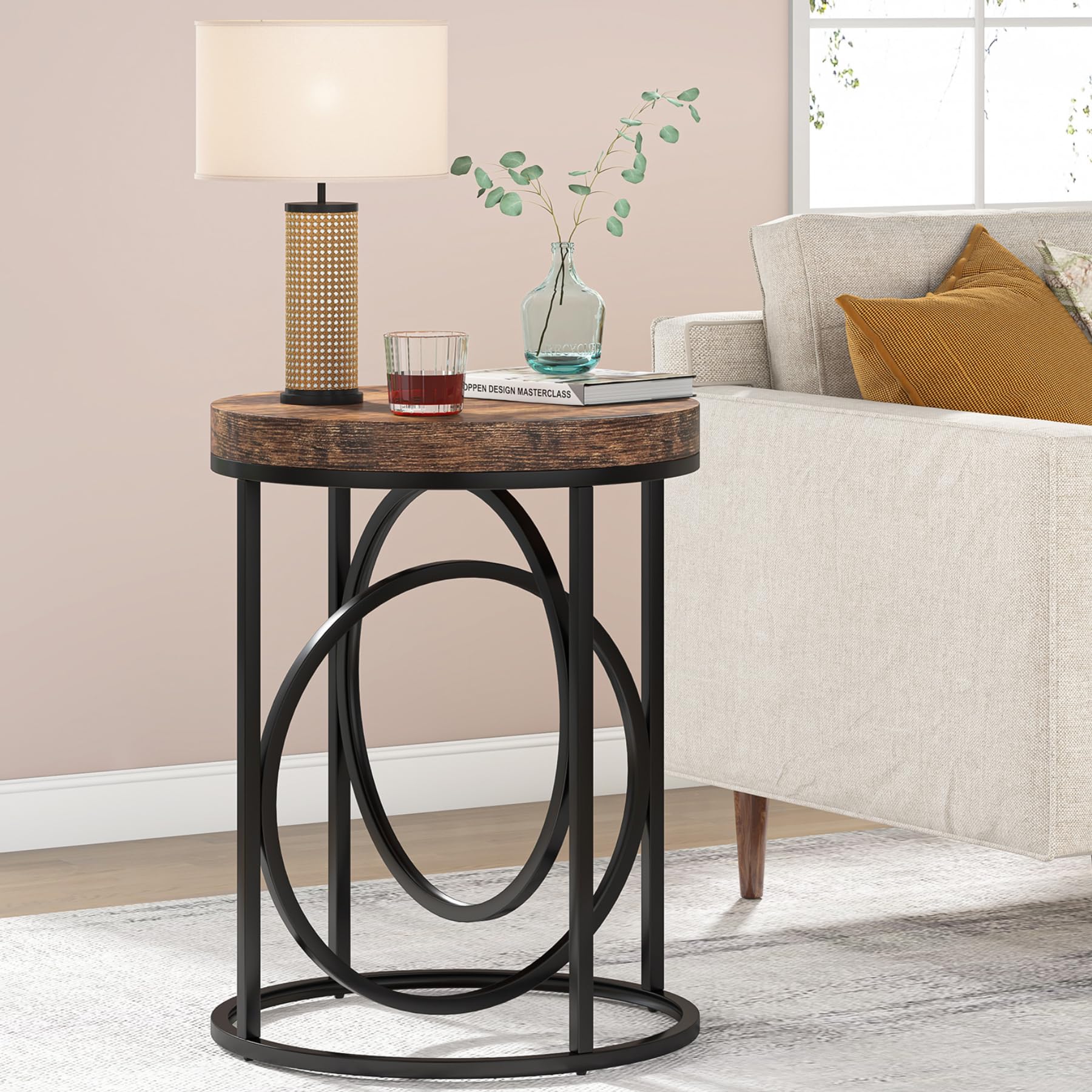 Round Industrial End Table with Metal Frame