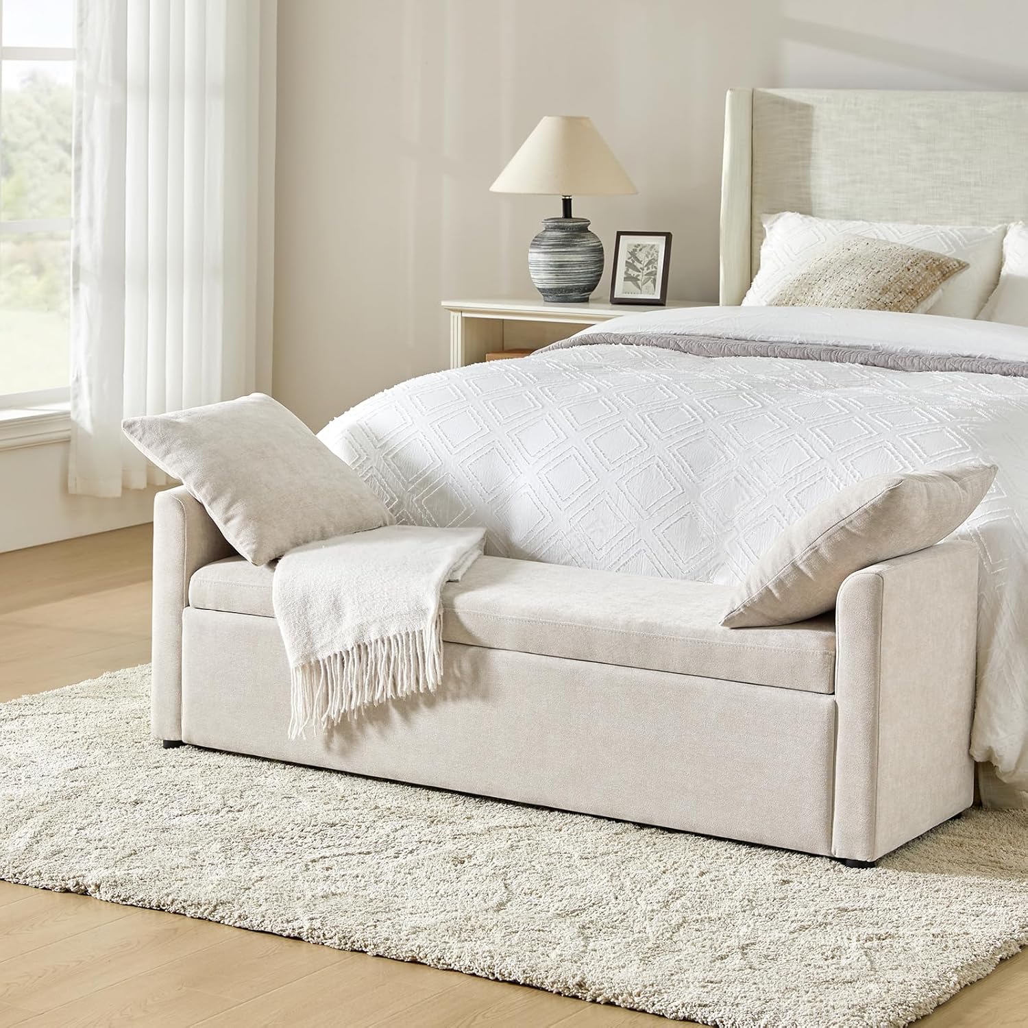 59.4" Modern Storage Bench with Throw Pillows - Beige Upholstered Ottoman