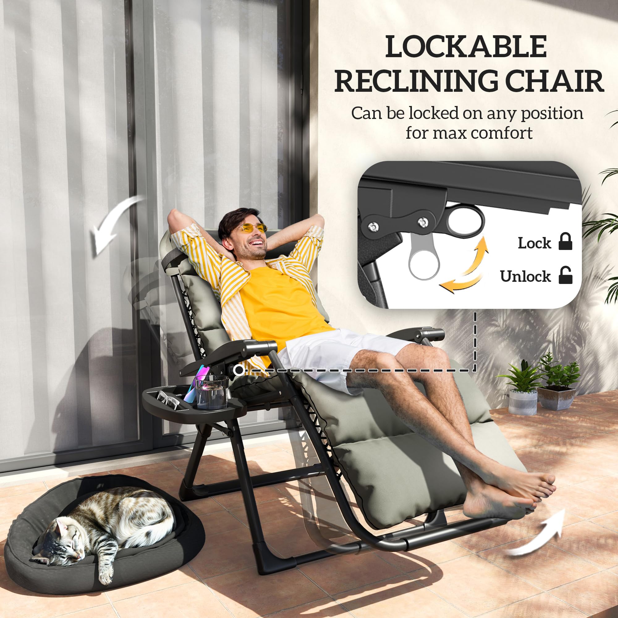 Zero Gravity Reclining Lounge Chairs Set of 2 with Cushions and Cup Holders