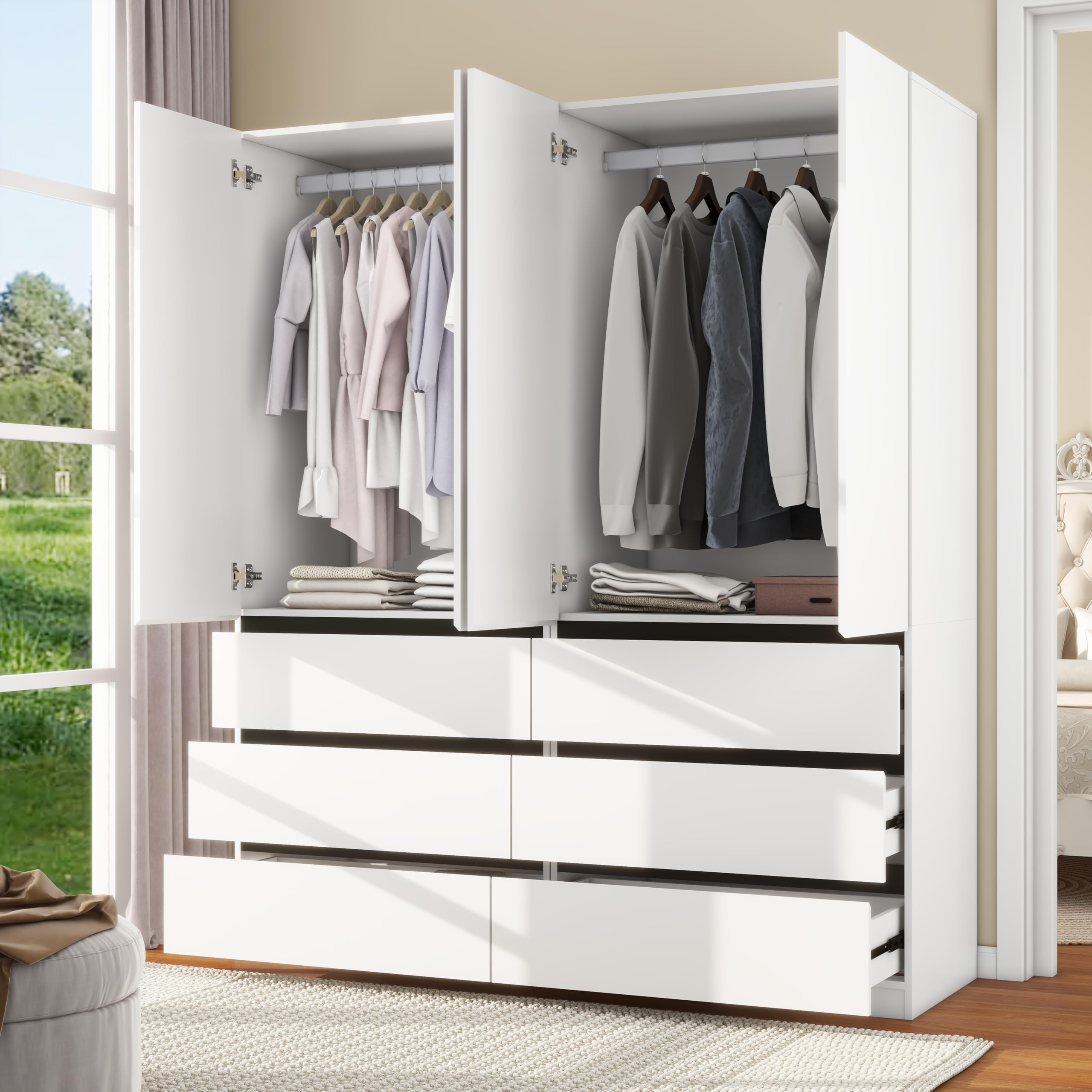 White Bedroom Armoire with 6 Drawers and 4 Doors