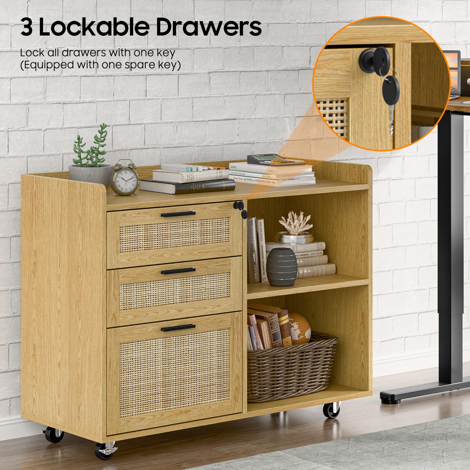 3 Drawer Rattan File Cabinet with Lock