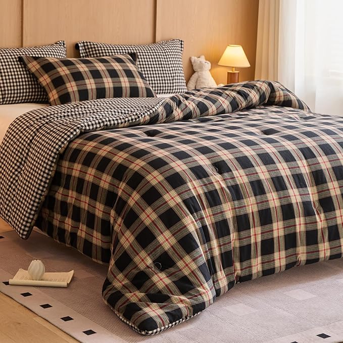 3-Piece Queen Cotton Comforter Set Grey White Plaid