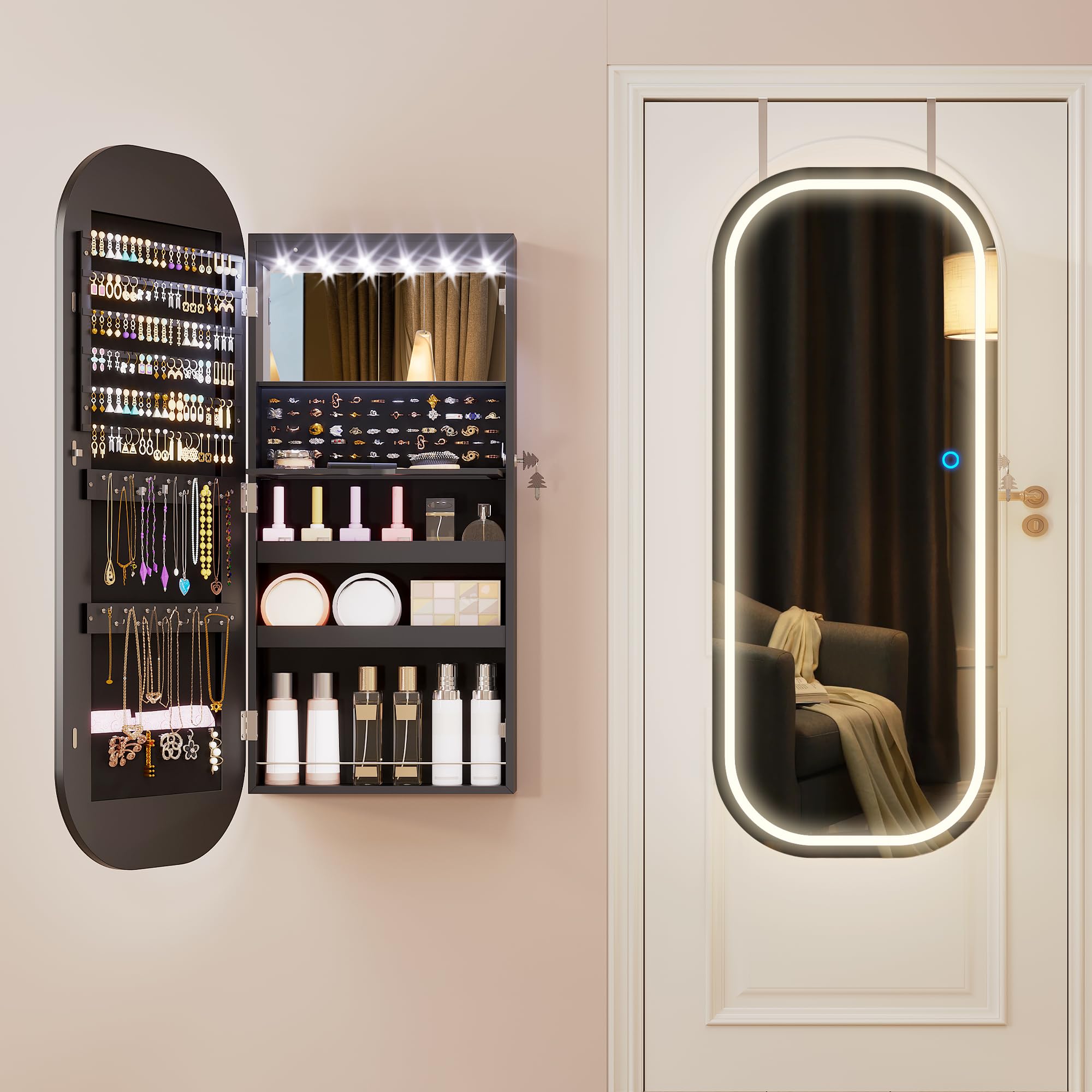 LED Mirror Jewelry Cabinet with Wall Door Mount Storage