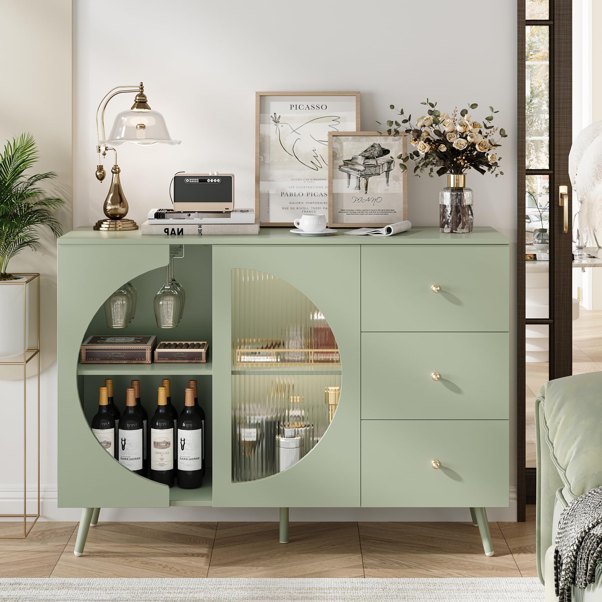 Coffee Bar Cabinet with Fluted Glass Door and Wine Rack