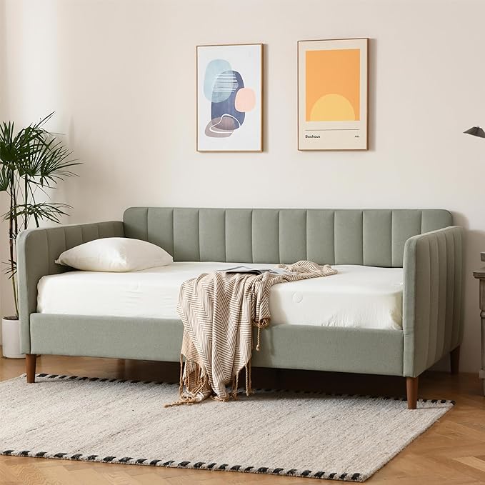 Twin Size Upholstered Daybed with Wood Slat Support - Light Green