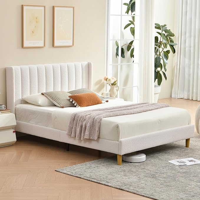 Pink Full Size Upholstered Platform Bed Frame with Wingback Headboard