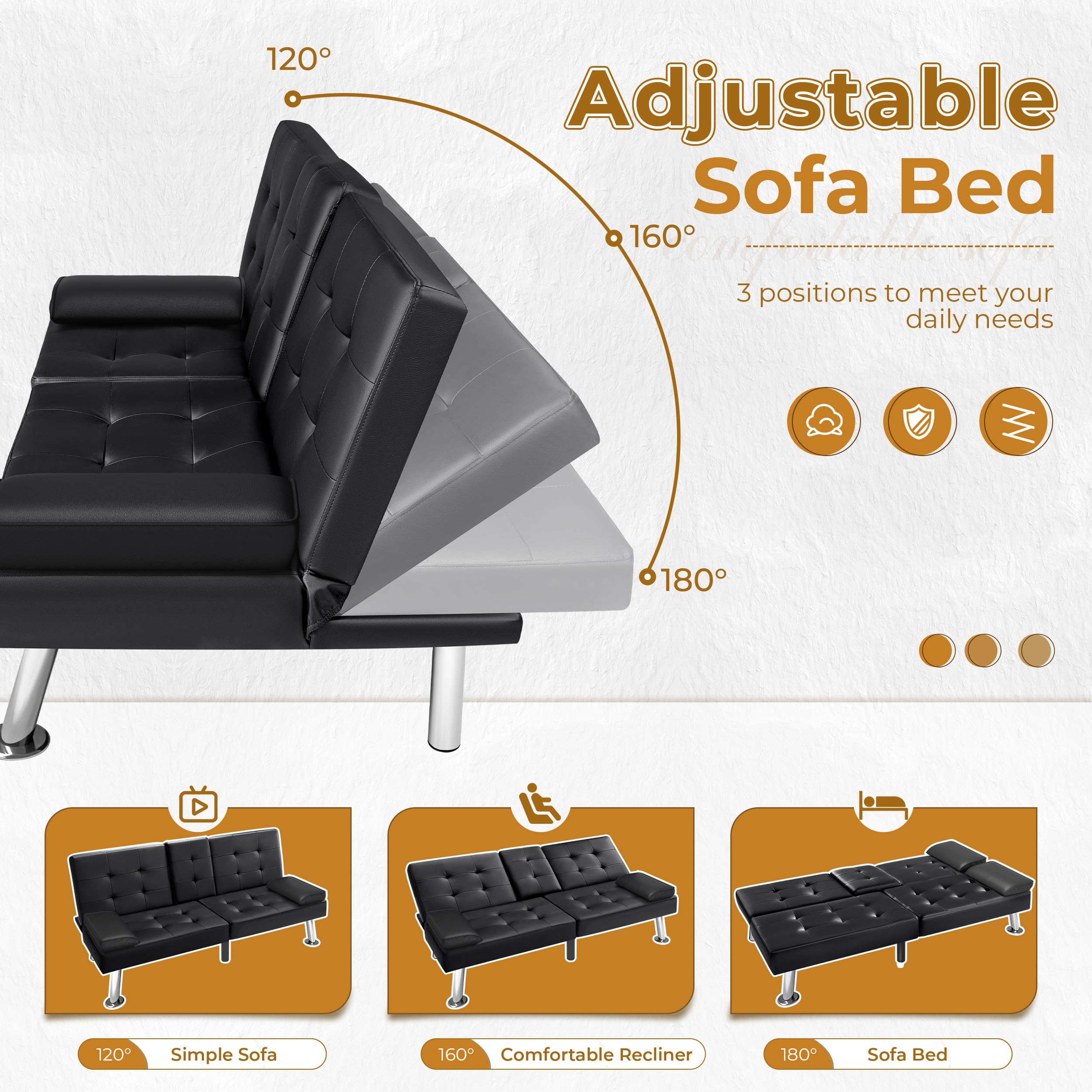 Convertible Futon Sofa Bed with Cup Holders - Faux Leather Recliner Couch