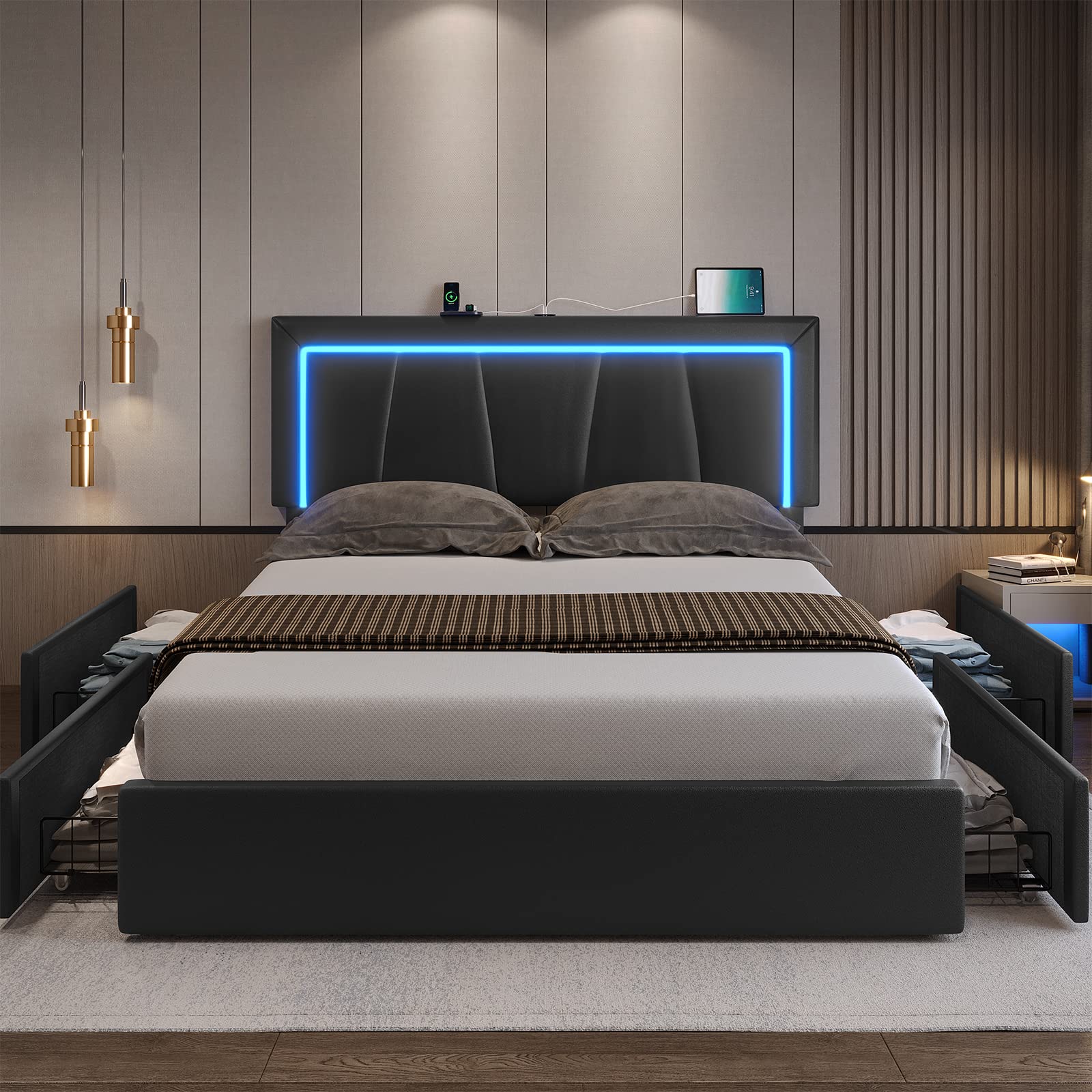 Queen Platform Bed Frame with LED Headboard, 4 Storage Drawers & USB Ports – Black Faux Leather, No Box Spring