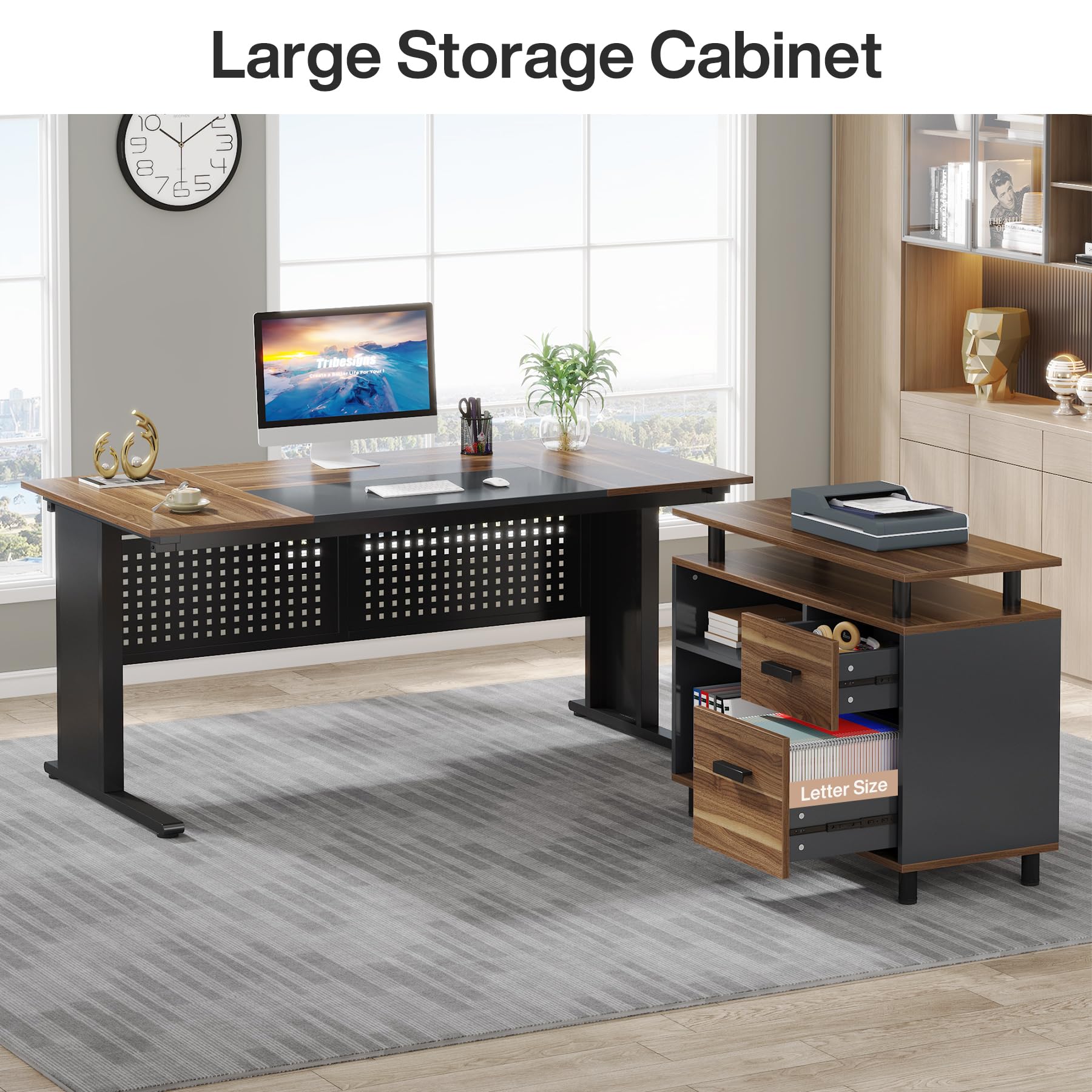 L-Shaped Executive Desk with File Cabinet