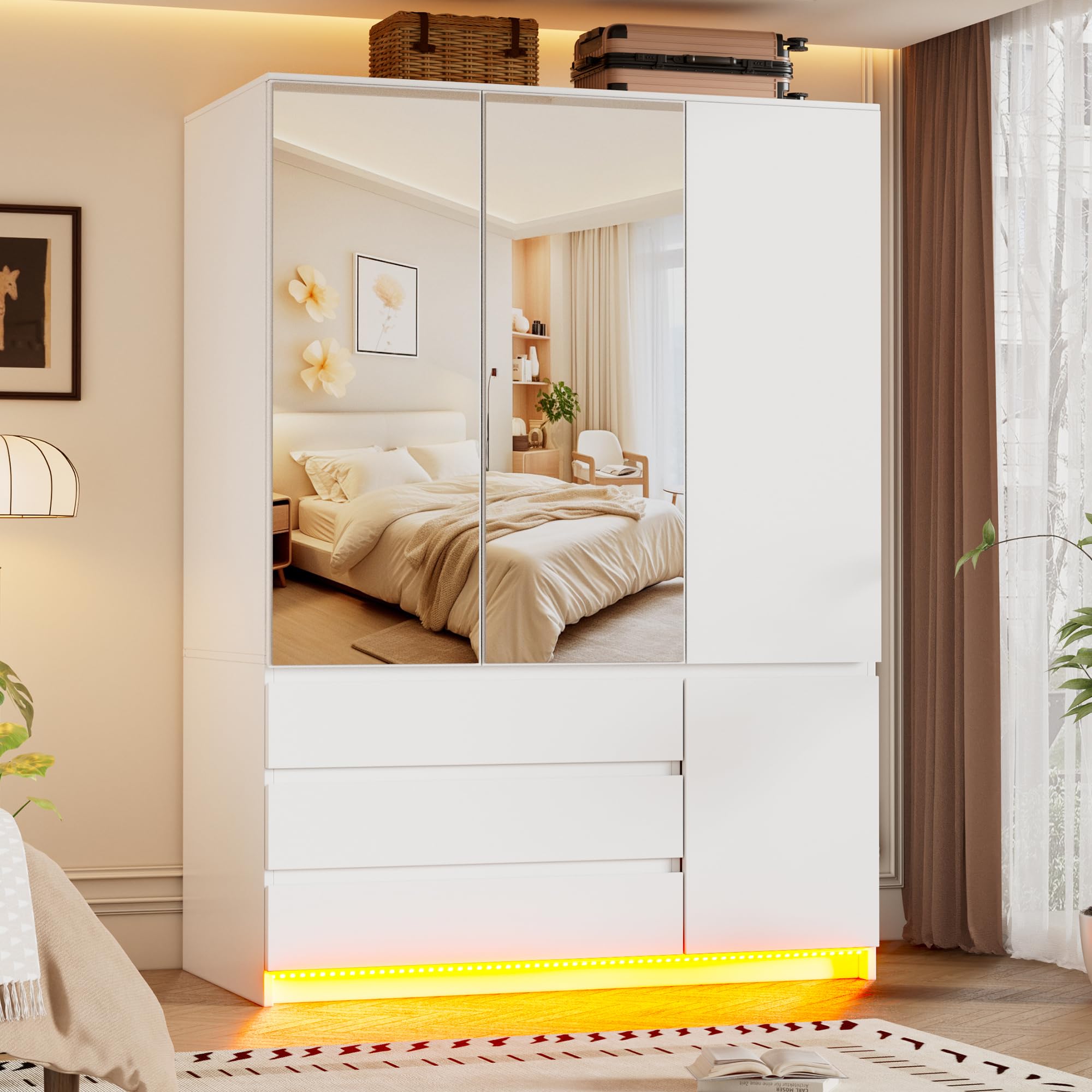 3-Door Armoire Wardrobe with Mirror and LED Lights