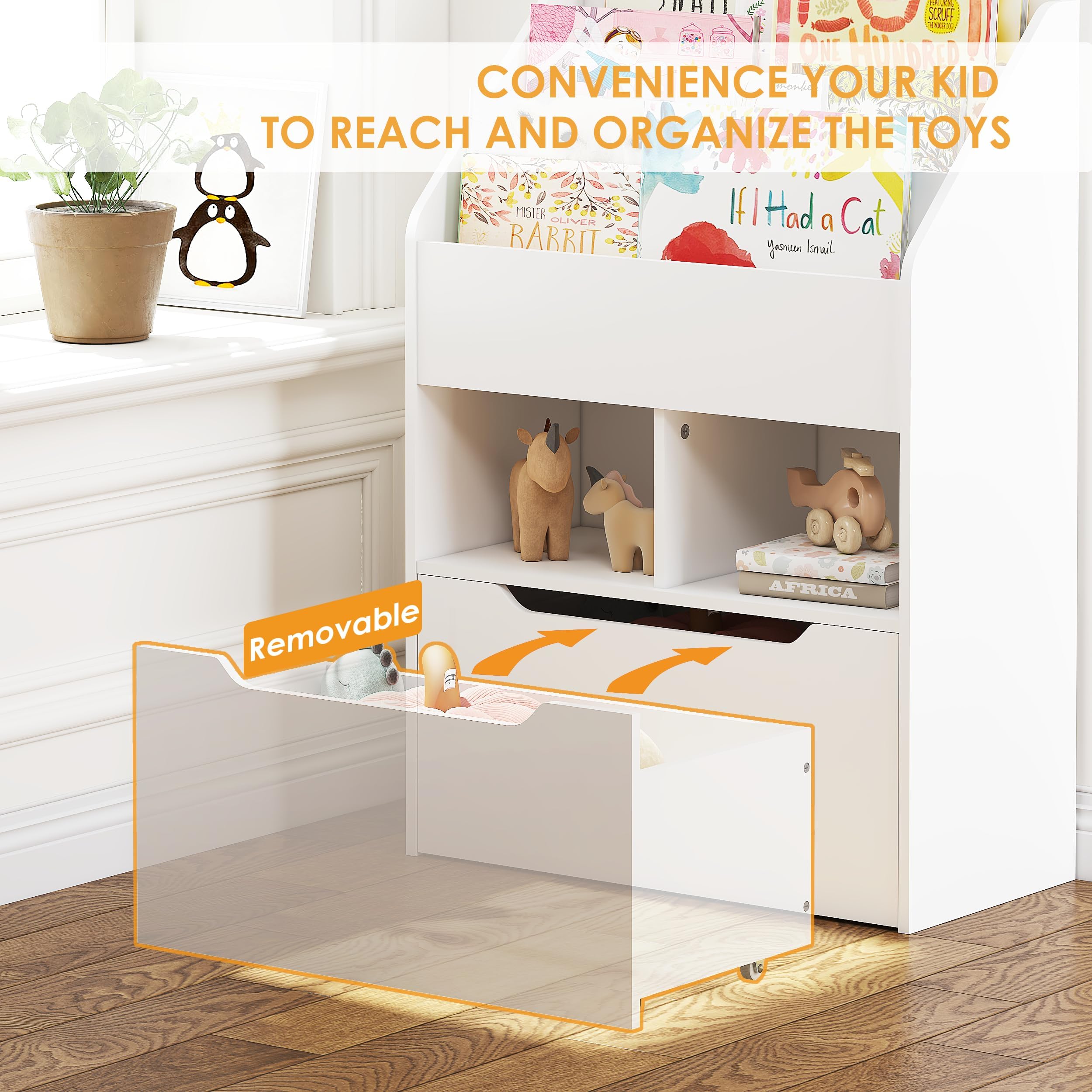 Kids Bookshelf with Movable Toy Box