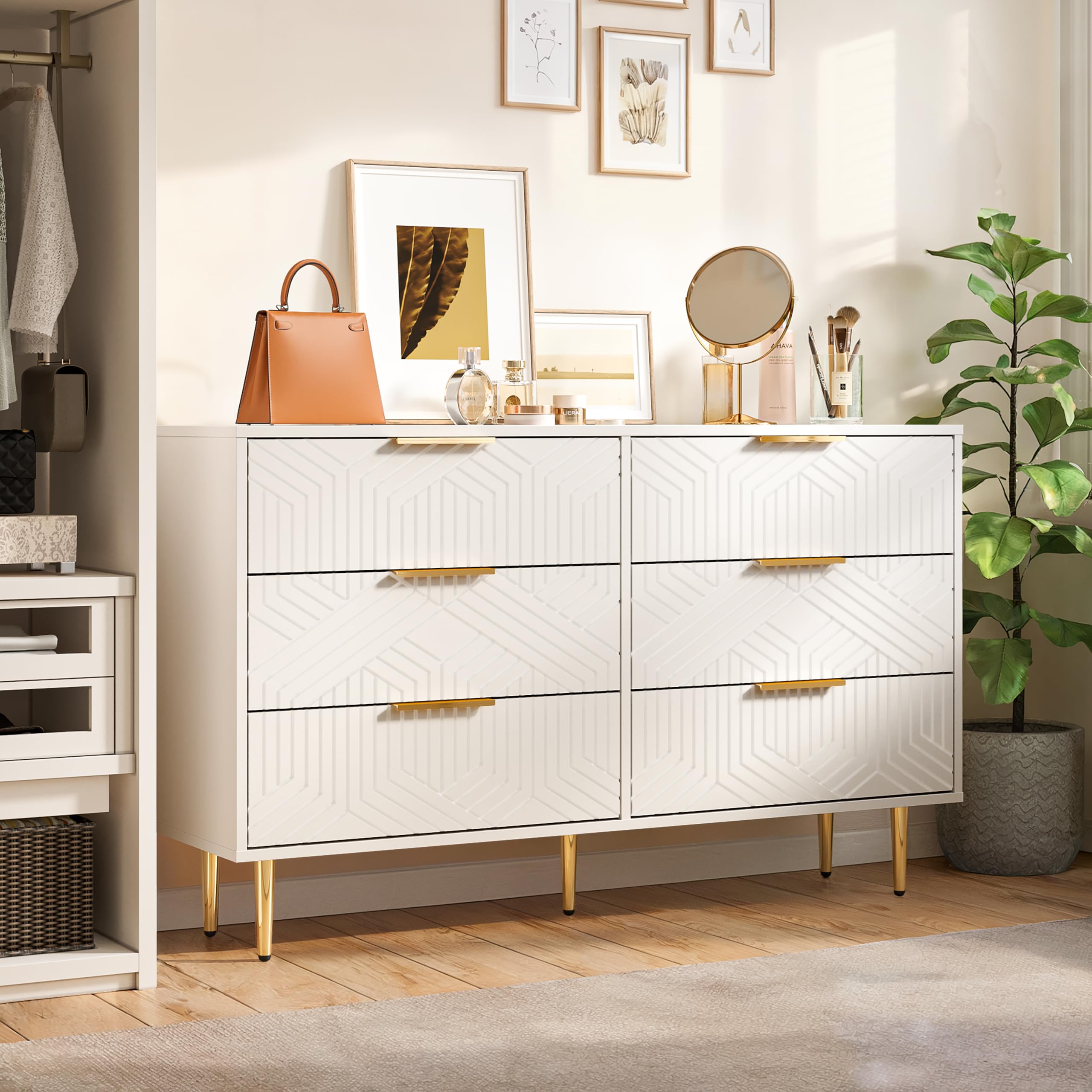 6 Drawer White and Gold Dresser