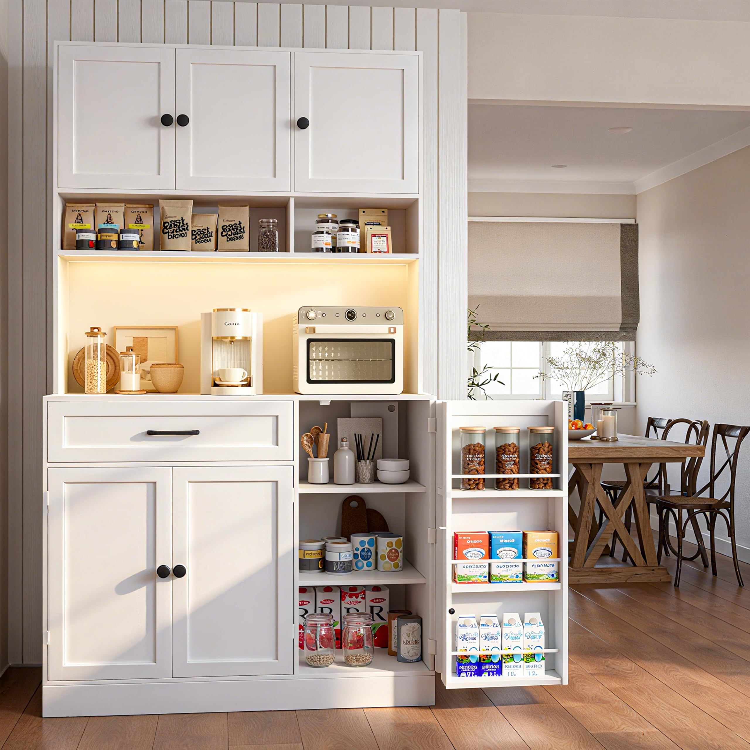 Kitchen Pantry Cabinet with LED Light and Charging Station