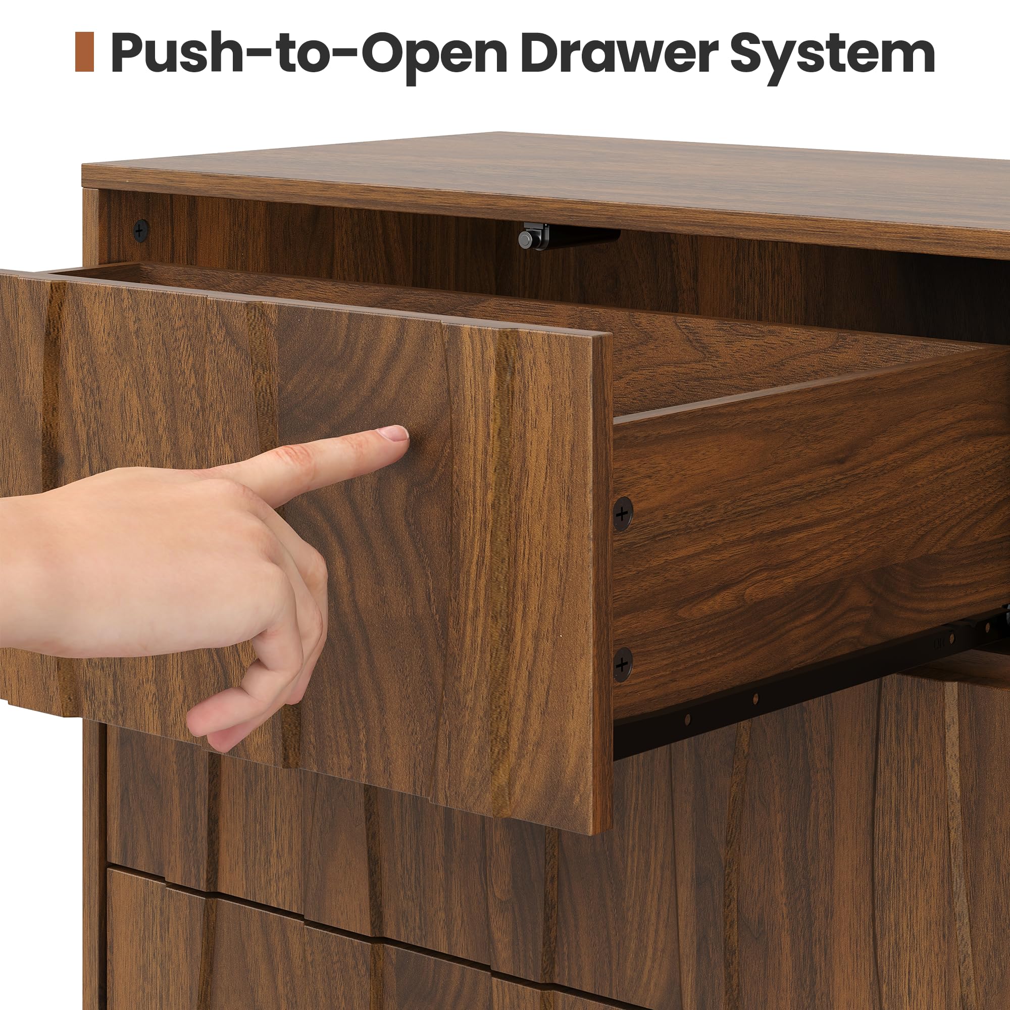 6-Drawer Dresser 54" Walnut Finish Wave Front with Push-to-Open
