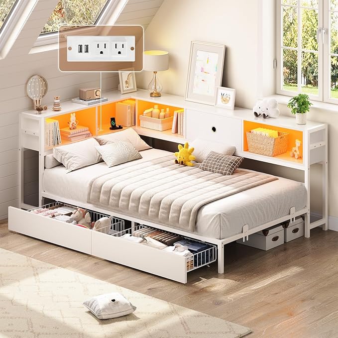Full Corner Bed Frame with Storage Drawers and Bookcase Headboard