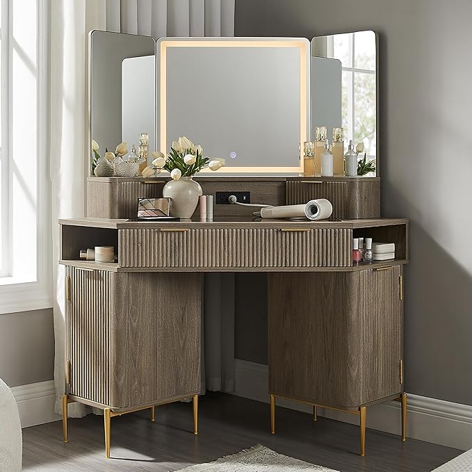 48" Fluted Makeup Vanity Desk with HD Triple Mirror and Lights