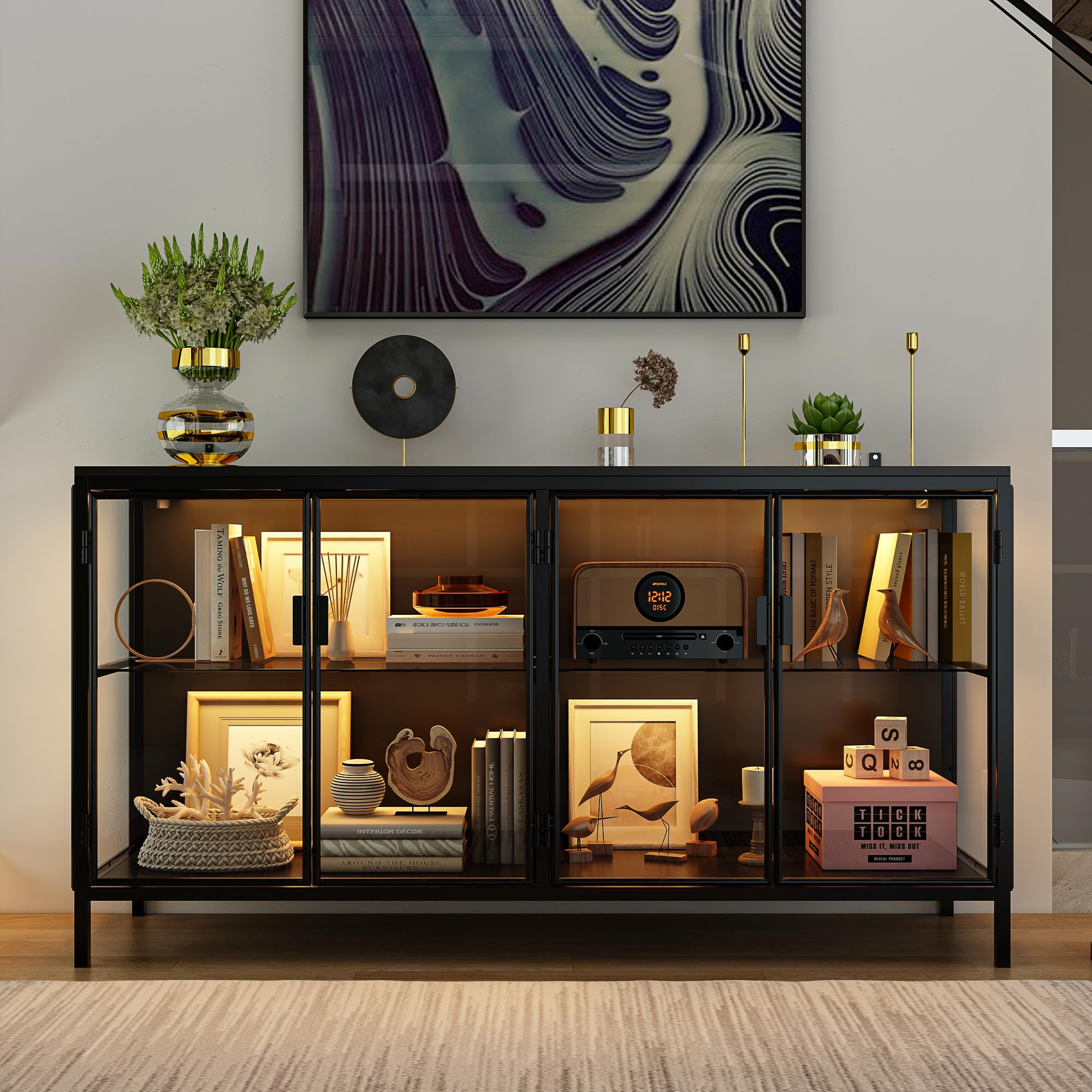 Storage Cabinet with LED Lights and Glass Doors