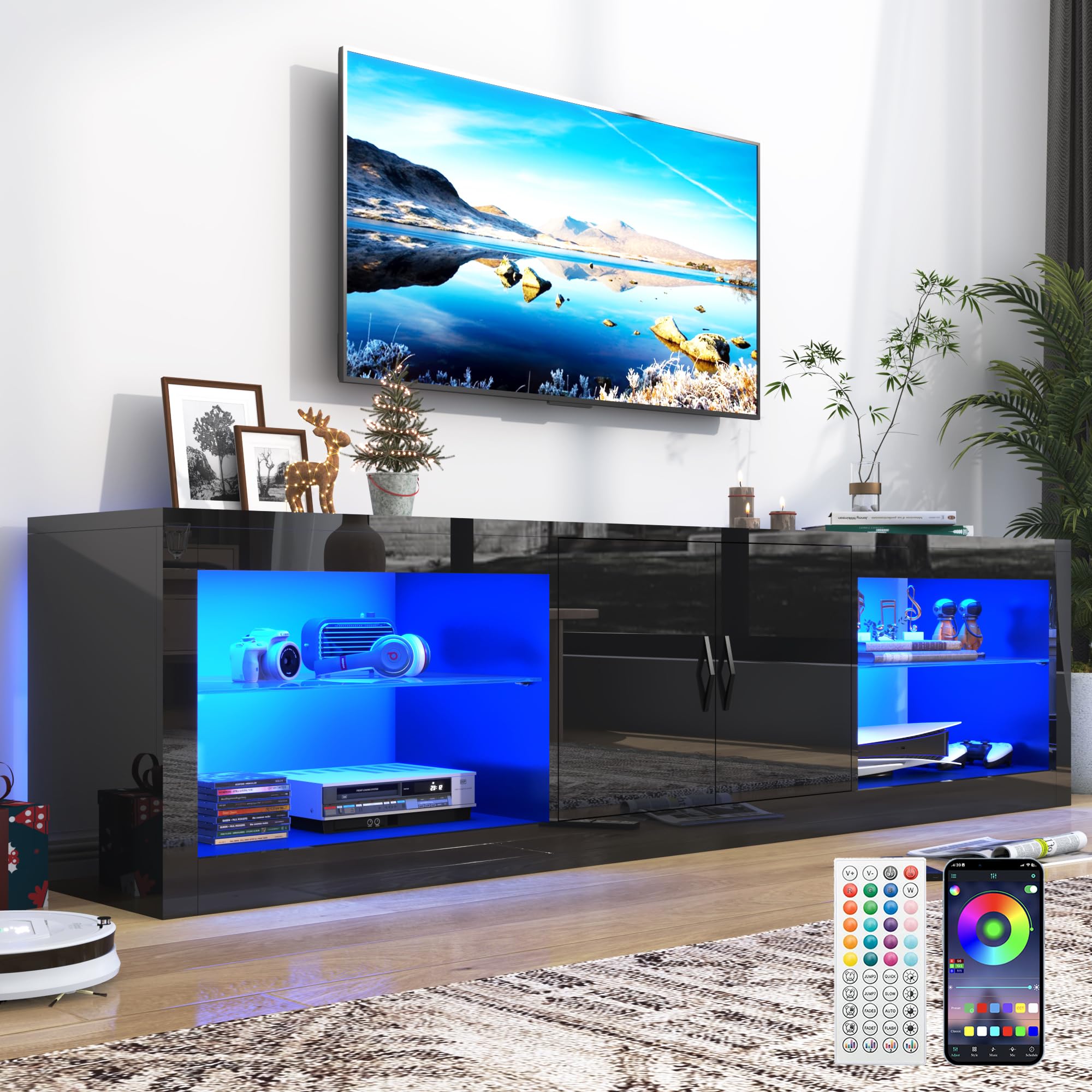 70 Inch LED TV Stand with RGB Lights and Power Outlets