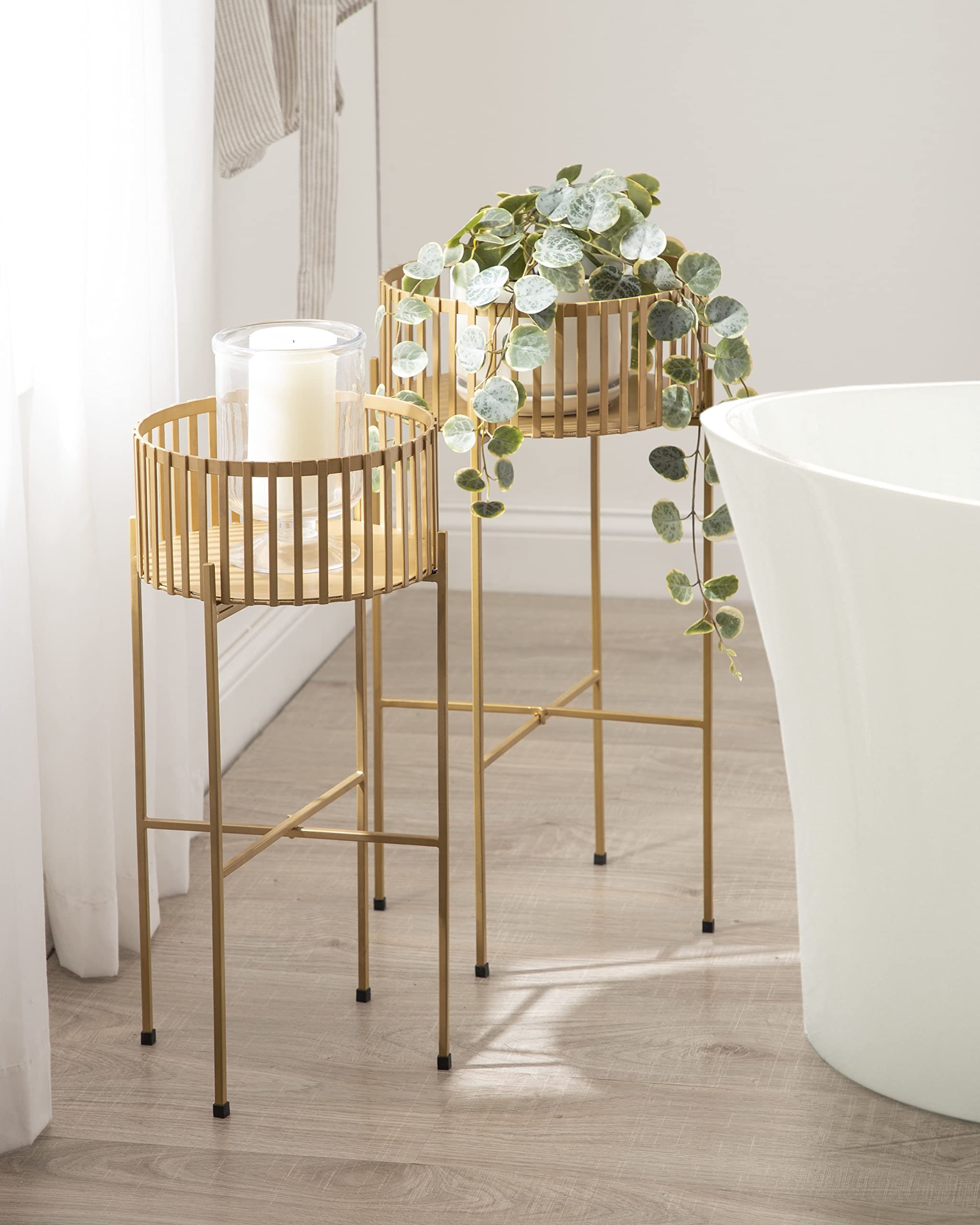 Modern Two-Piece Shallow Metal Plant Stand Set