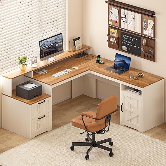 63" L-Shaped Executive Desk with Drawers and Storage Shelf