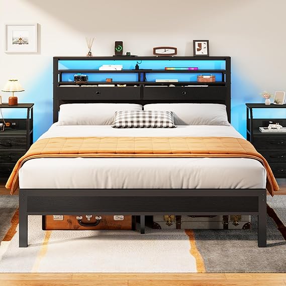 Twin Platform Bed with LED Lights and Charging Station