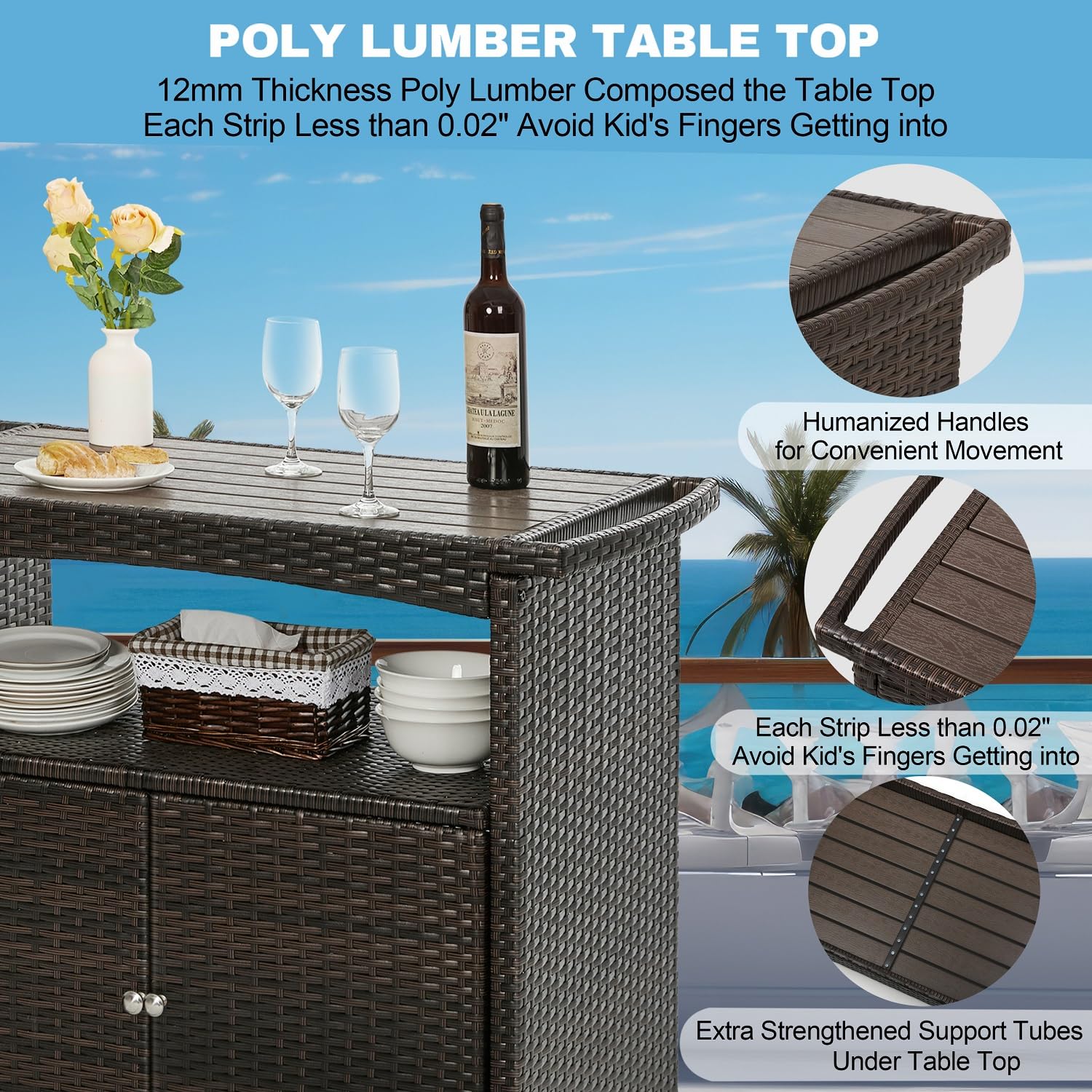 Outdoor Wicker Bar Cart with Storage Cabinet and Rolling Wheels