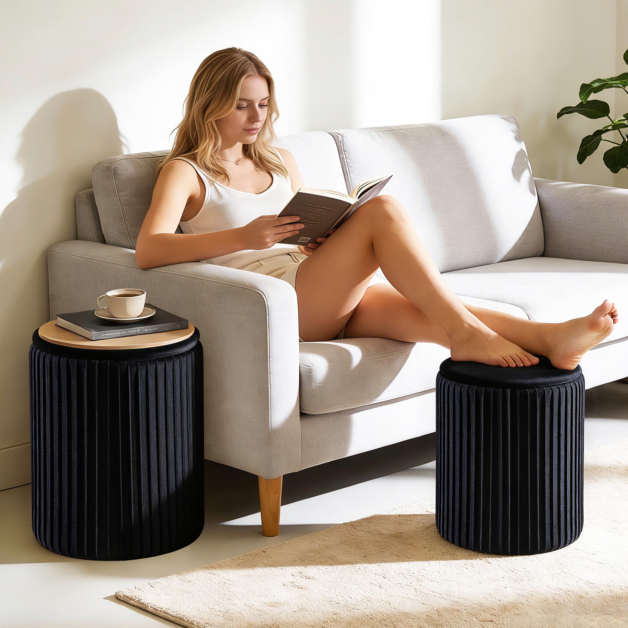 Round Ottoman Storage Set of 2 Black Velvet