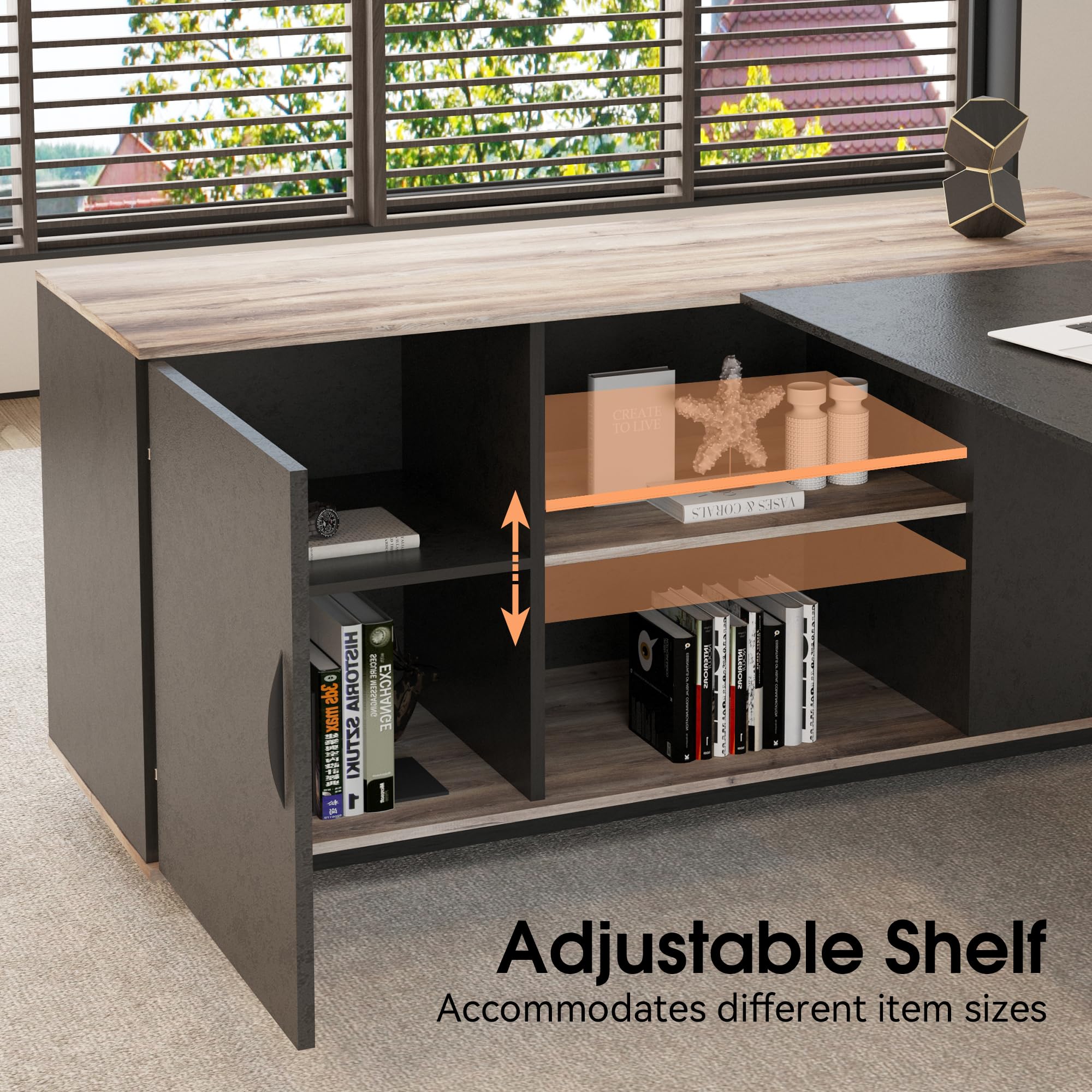 63-Inch L-Shaped Executive Desk with File Cabinet and Storage
