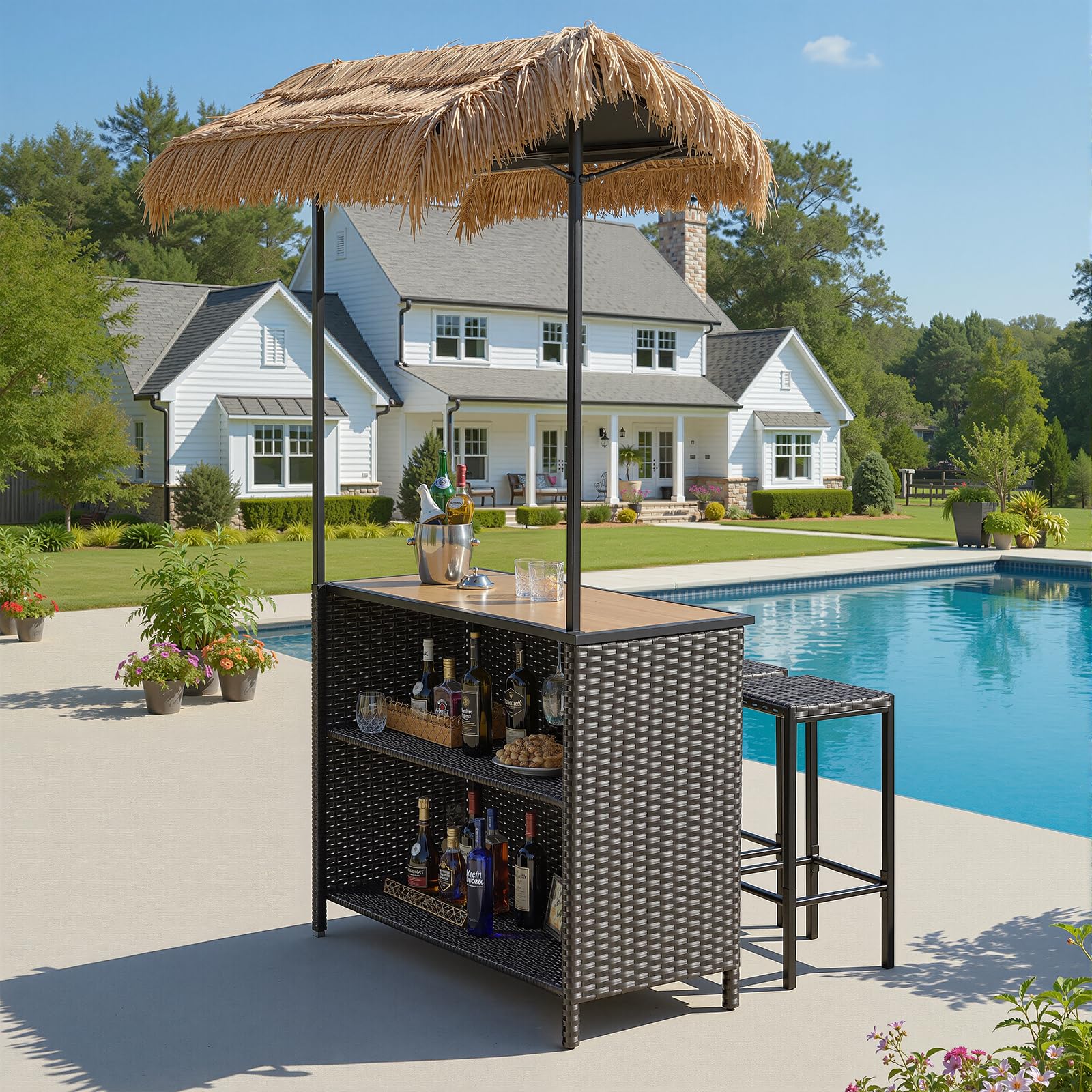 Outdoor Tiki Bar Set with Palapa Top and 2 Stools