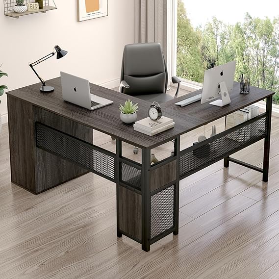 Black L Shaped Desk with Drawers and Storage Shelf