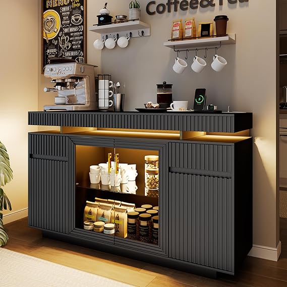 Fluted Sideboard Buffet Cabinet with LED Lighting