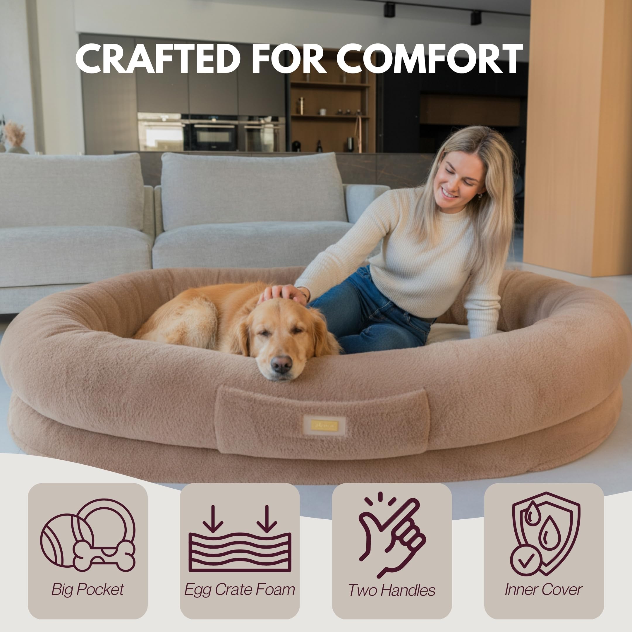 Oversized Human Dog Bed with Plush Fabric and Egg Crate Foam
