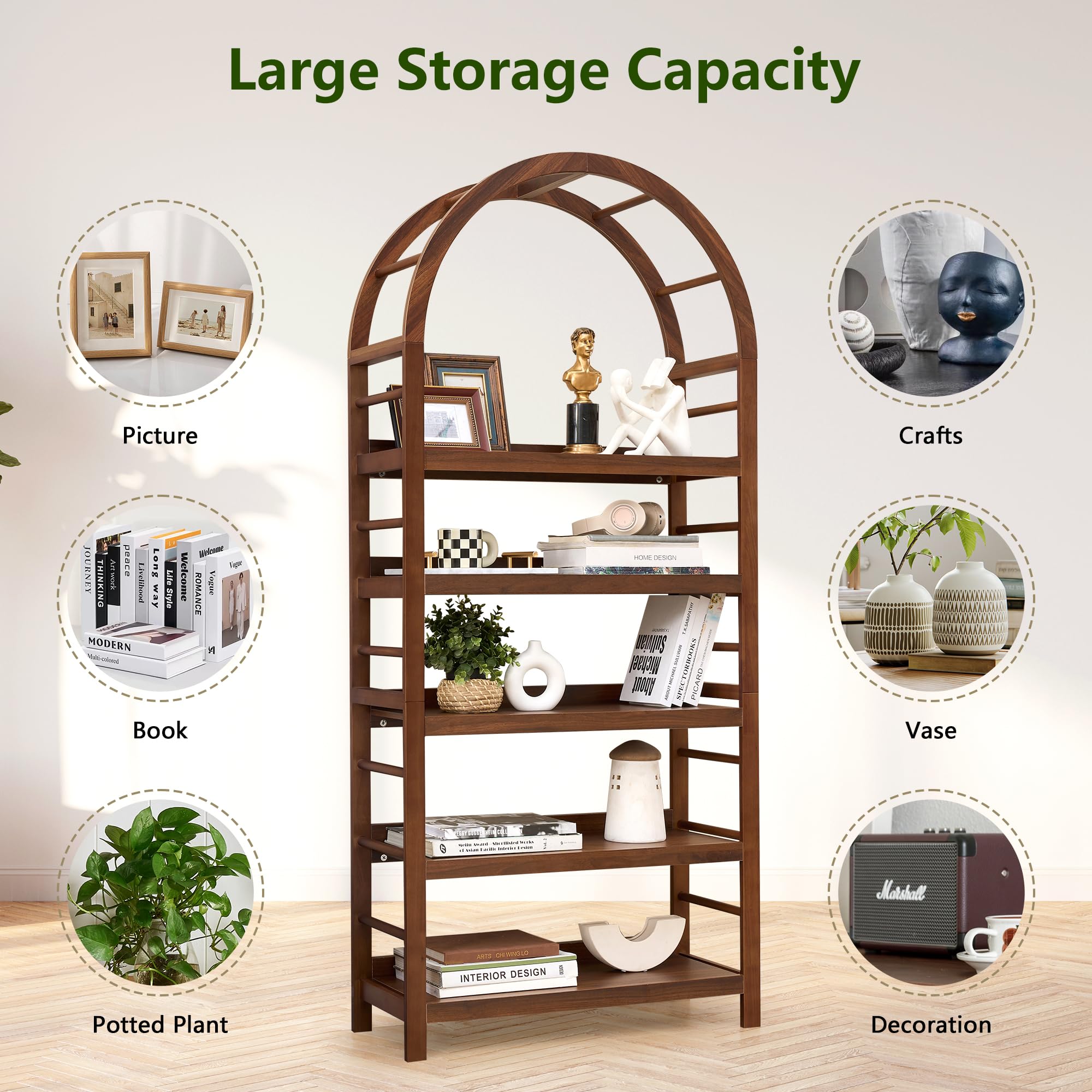 5-Tier Arched Bookshelf with Solid Wood Frame