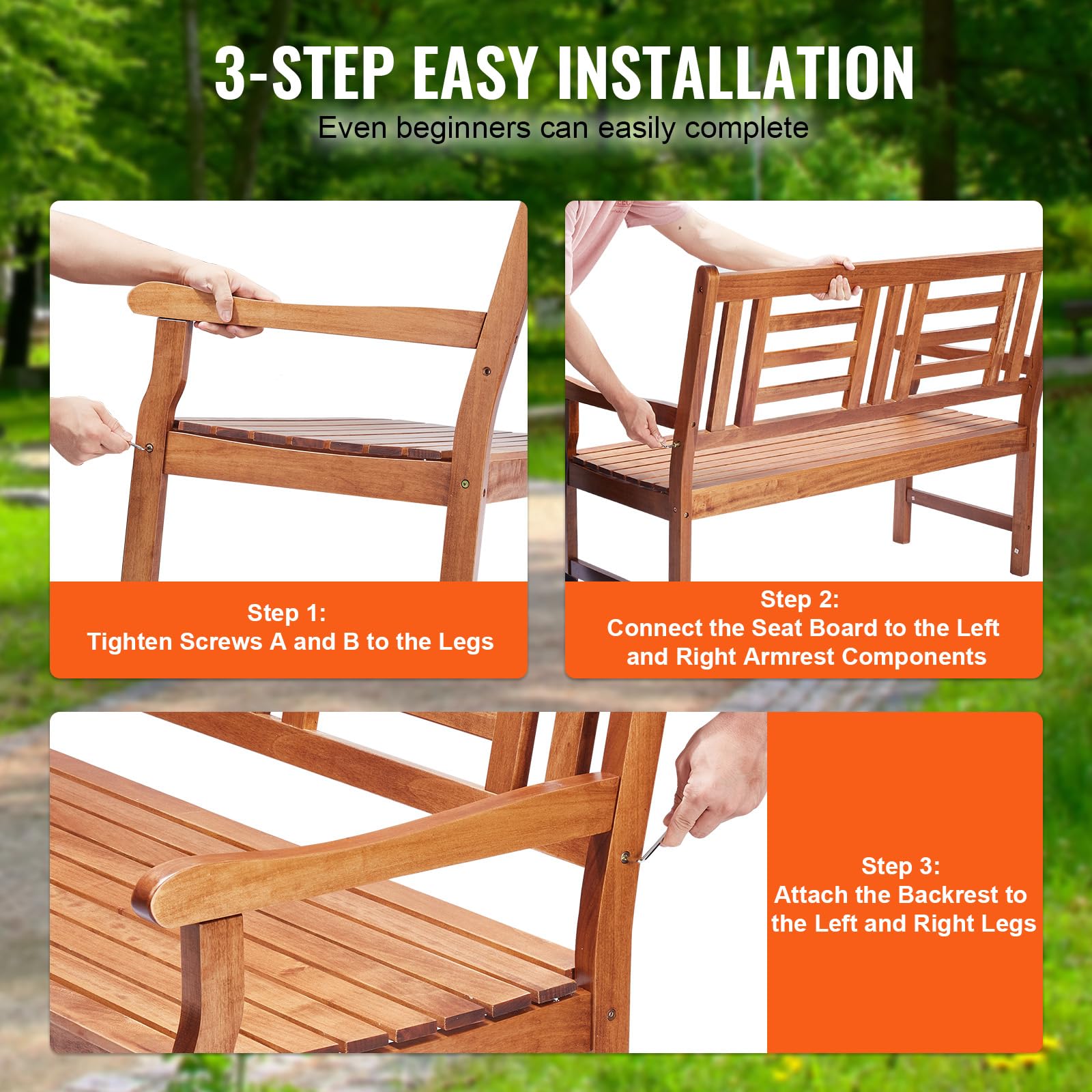 48-Inch Wood Outdoor Garden Bench with Backrest and Armrests
