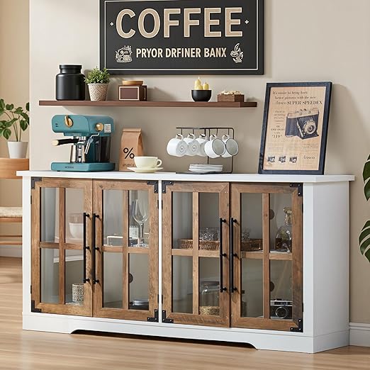 63" Farmhouse Buffet Sideboard Cabinet with Glass Door