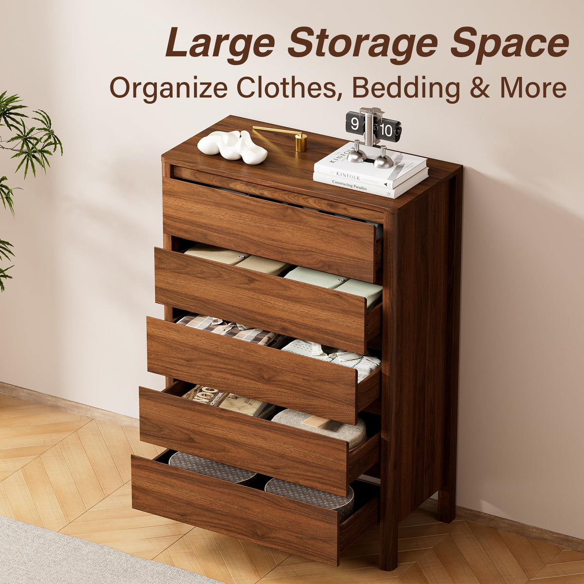 5-Drawer Tall Wood Dresser with Legs – Mid-Century Modern Walnut Chest of Drawers, 45.6"