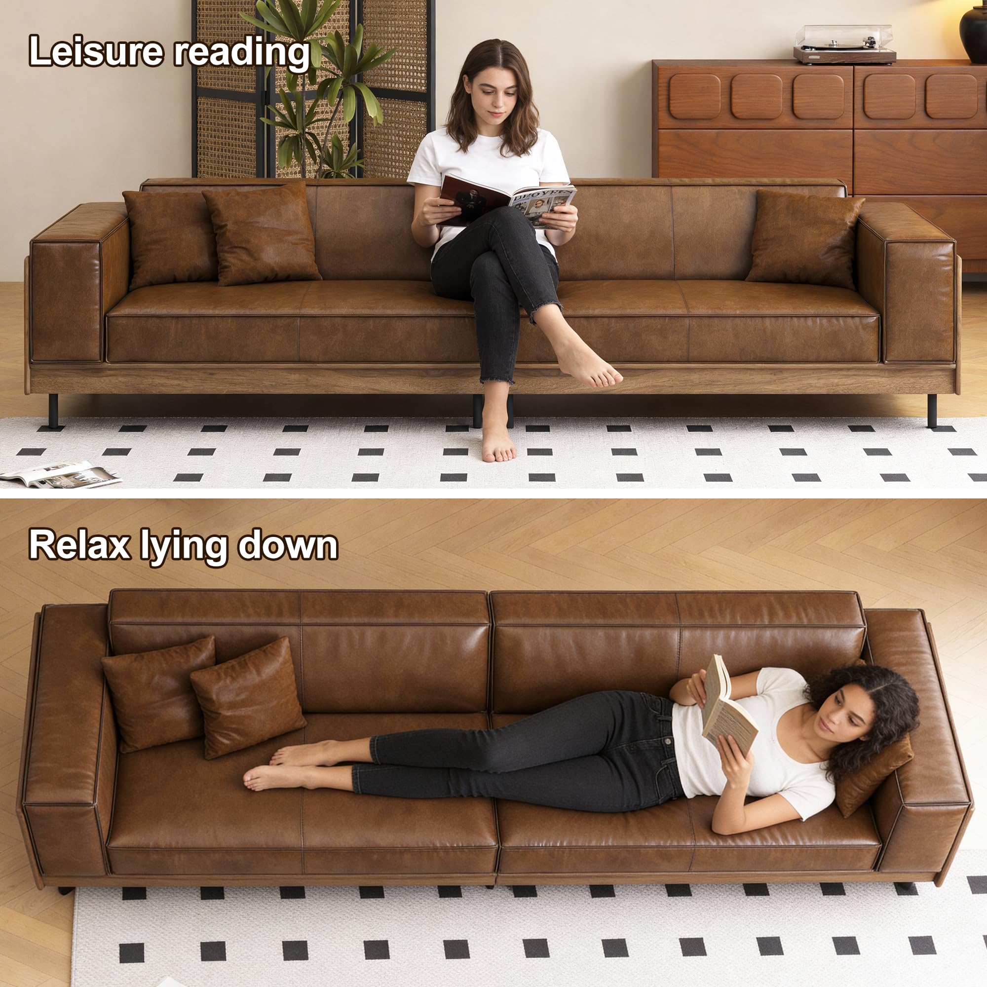 Brown Leather Sofa 3-Seater with Wood Frame