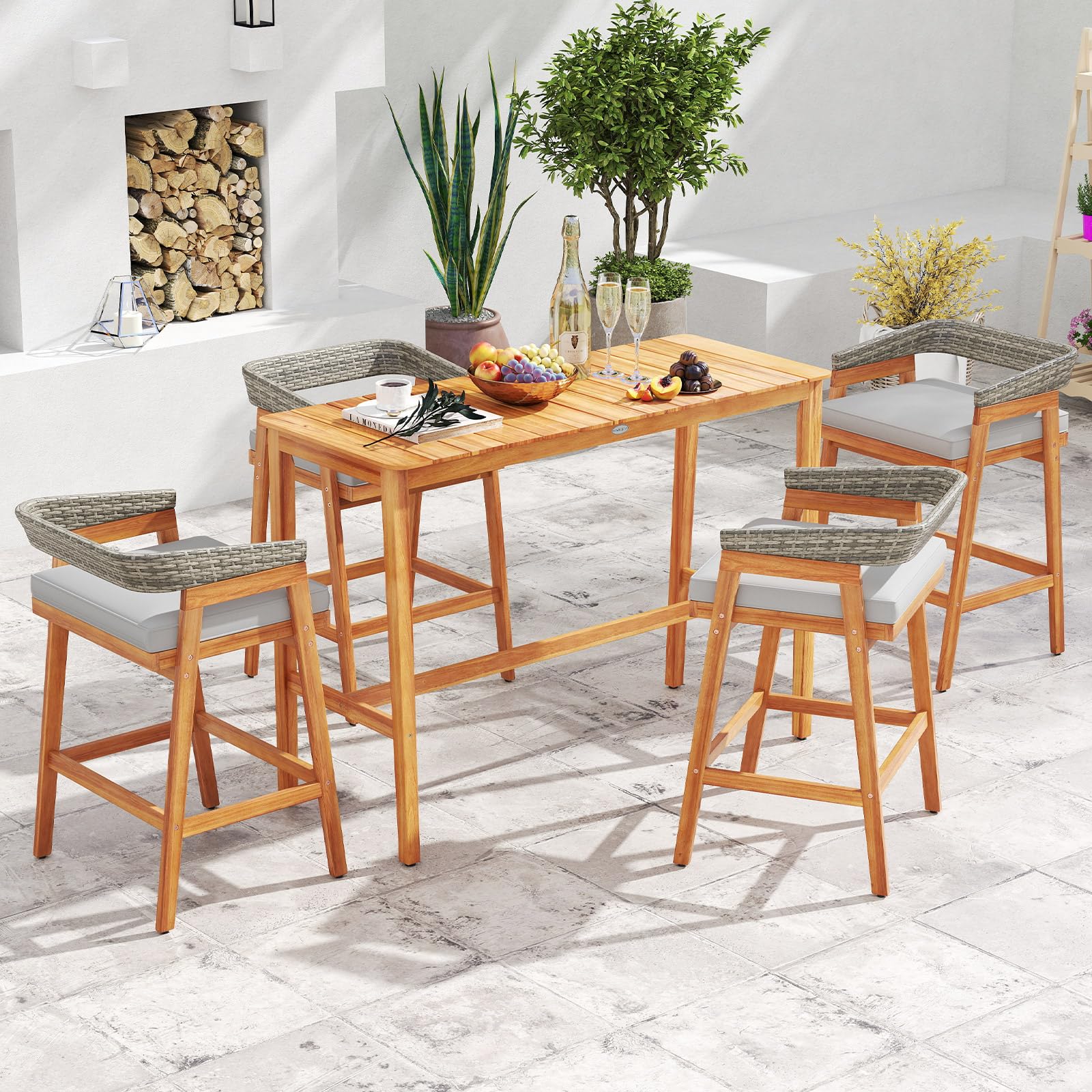 3 Piece Outdoor Bar Set with Acacia Wood Table and Cushioned Barstools