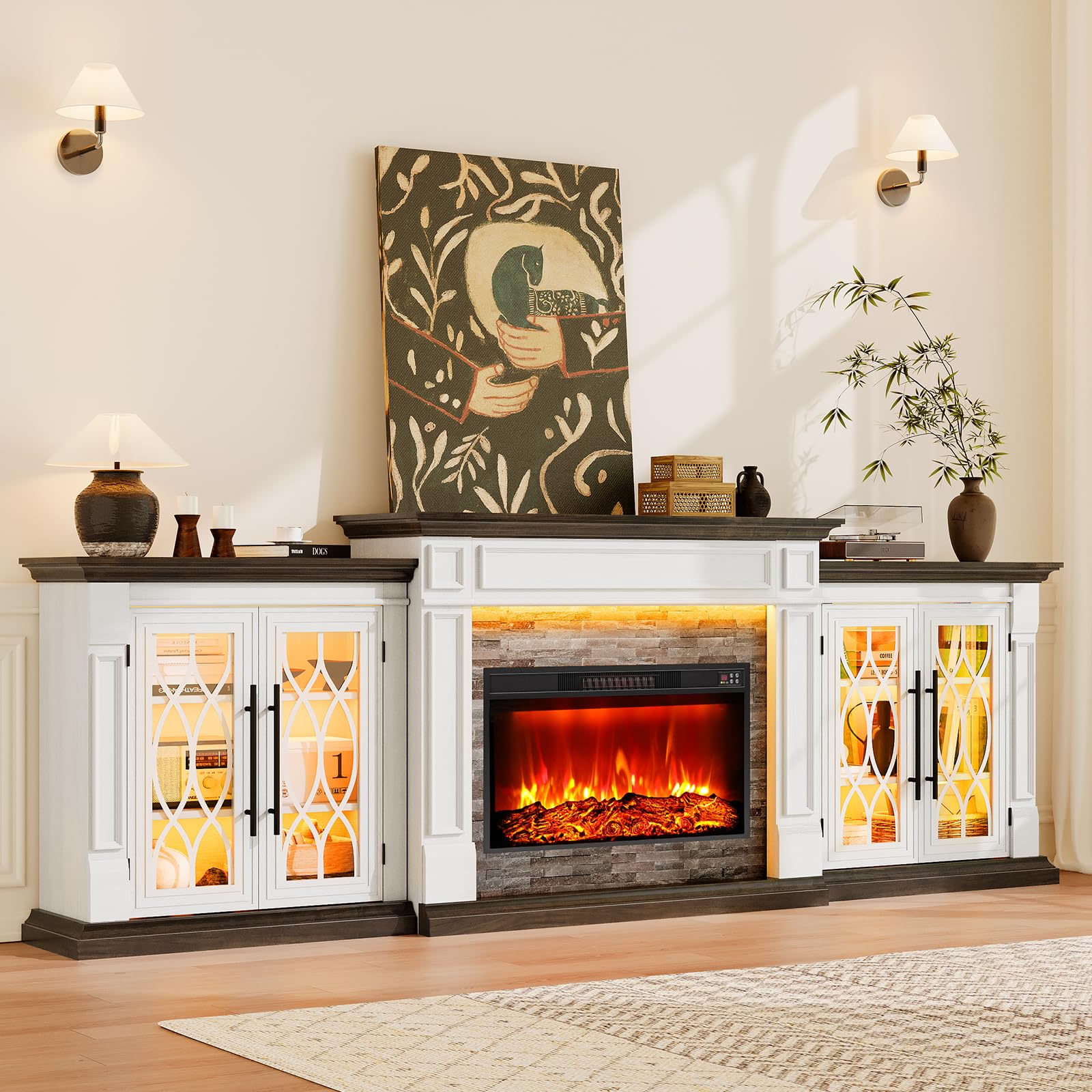 104" Fireplace TV Stand with Electric Insert and Storage Cabinets